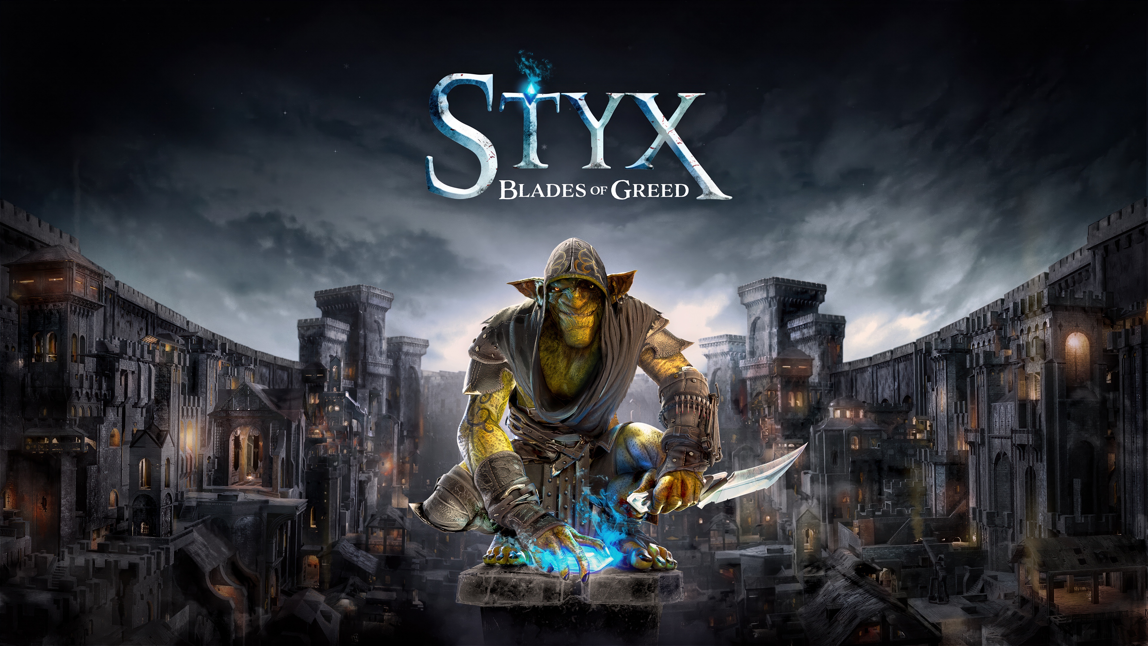 Cinematic 5K game key art featuring a highly detailed cybernetic character in futuristic armor.