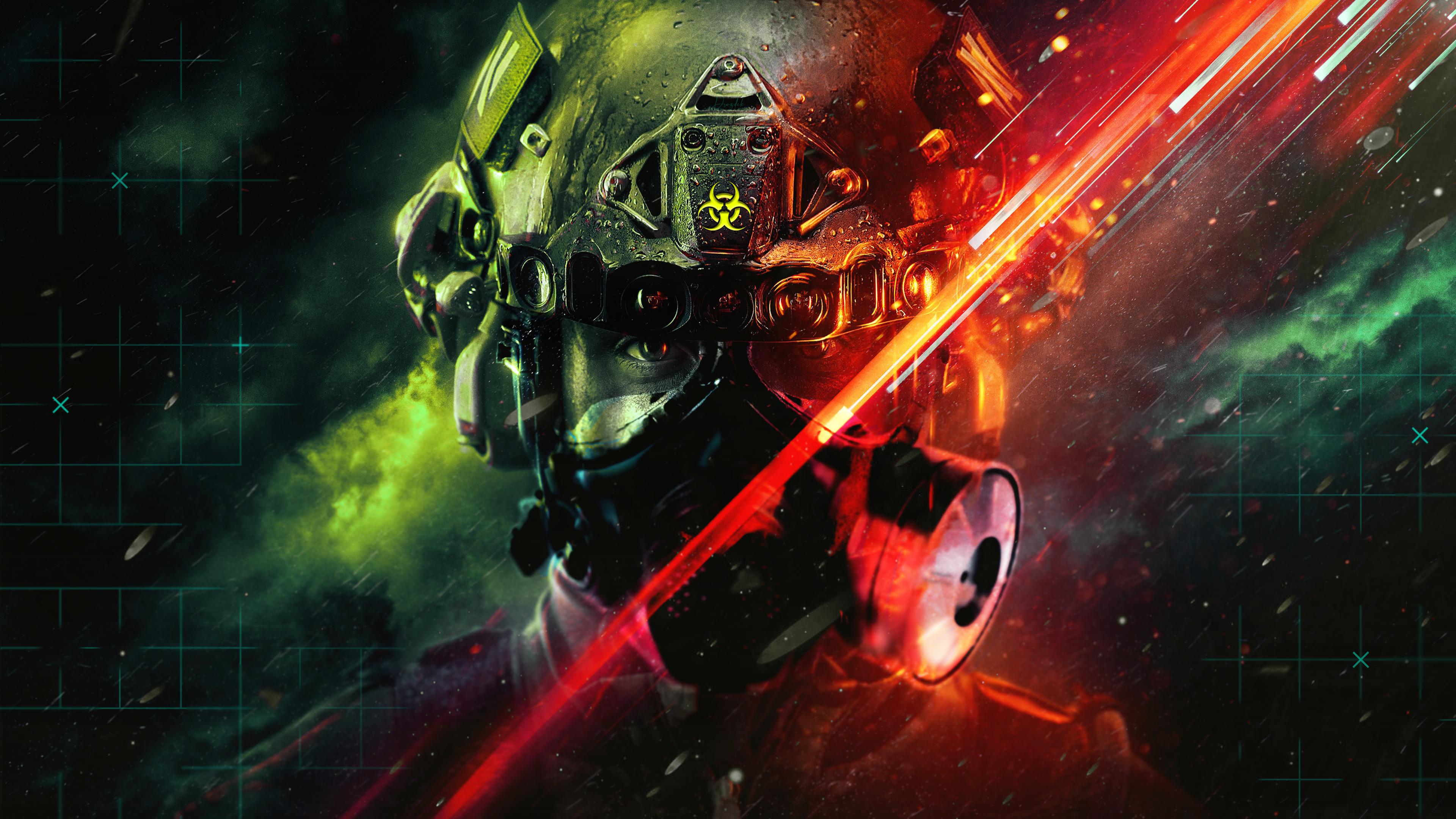 A futuristic soldier wearing heavy tactical armor with glowing neon lights and advanced sci-fi weaponry.