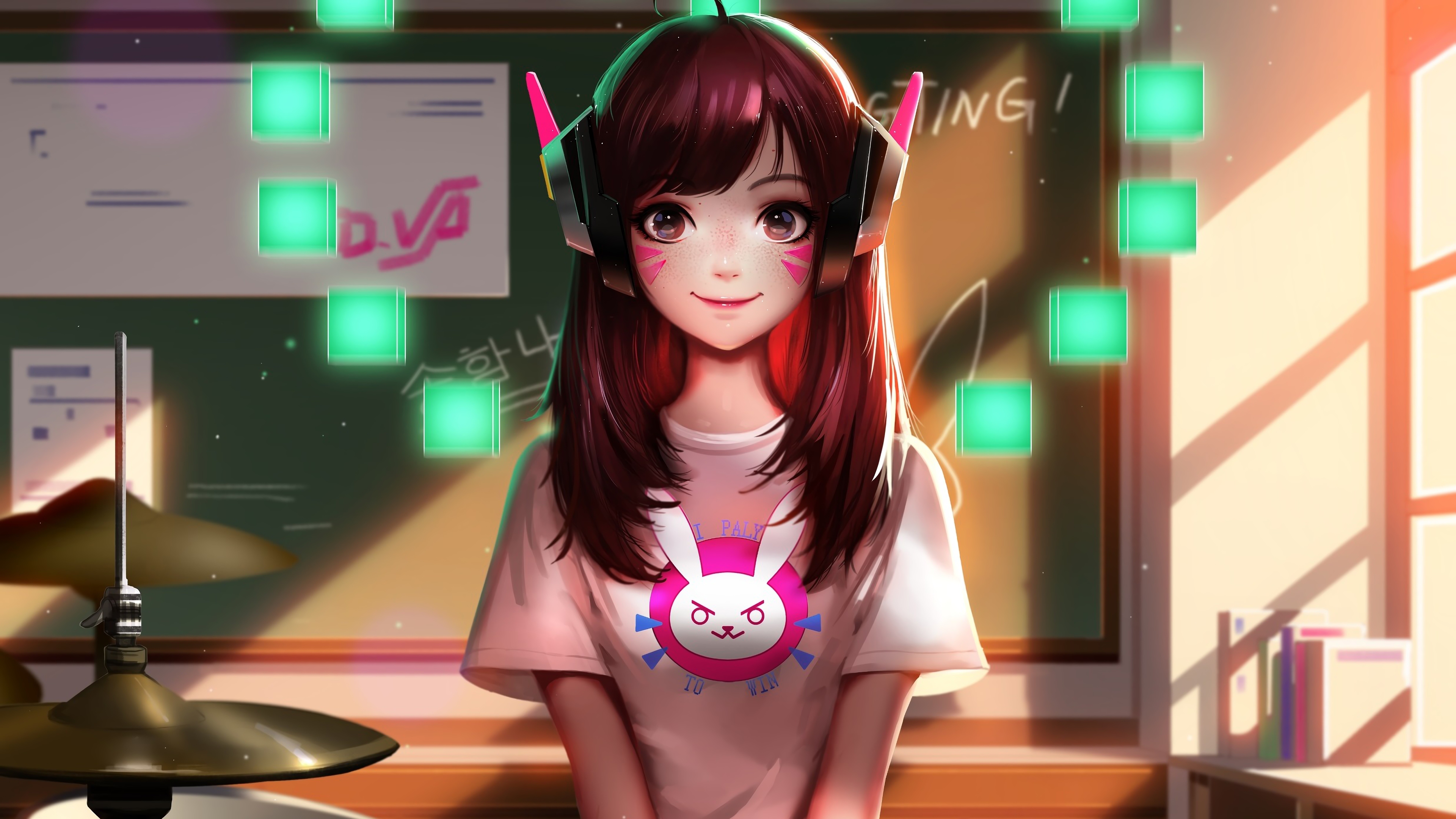 Cute illustration of D.Va from Overwatch wearing a school girl uniform.