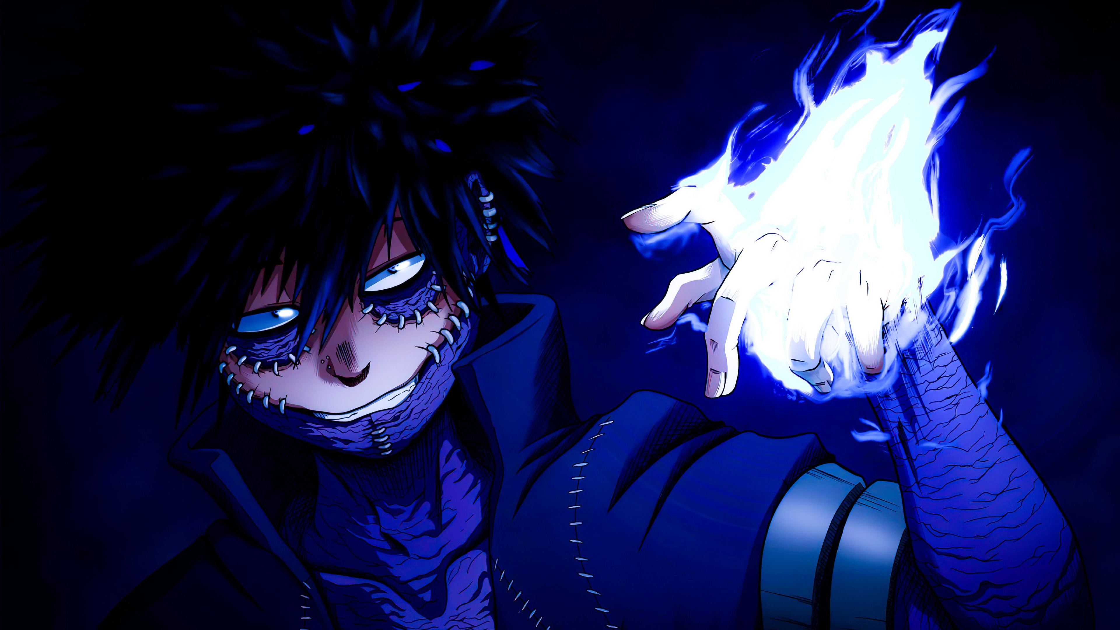 Aesthetic anime art of Dabi from My Hero Academia against a blue background.