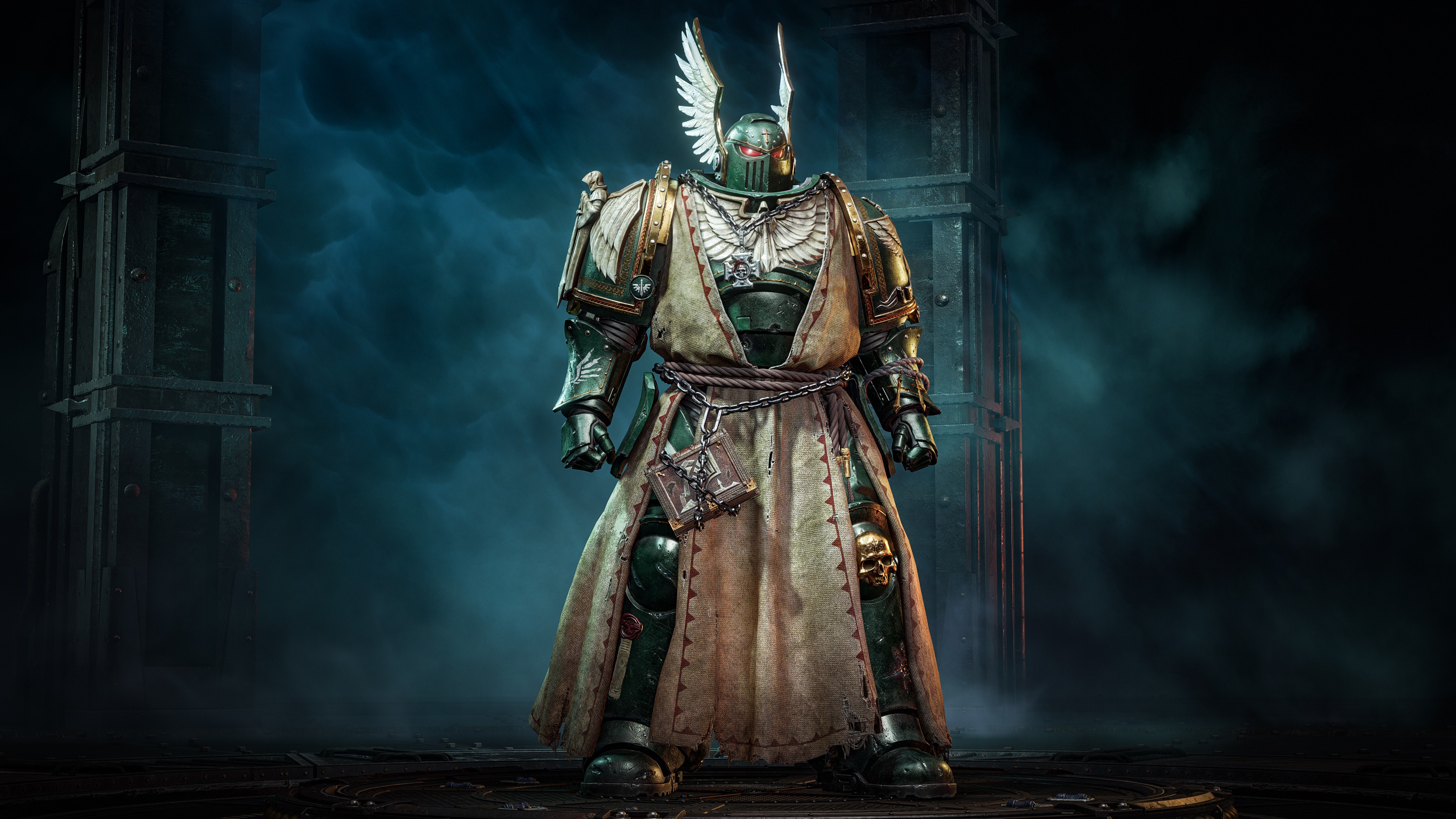 A heavy-armored Dark Angels Bulwark from Warhammer 40,000: Space Marine 2 equipped with massive defensive plating and weaponry.