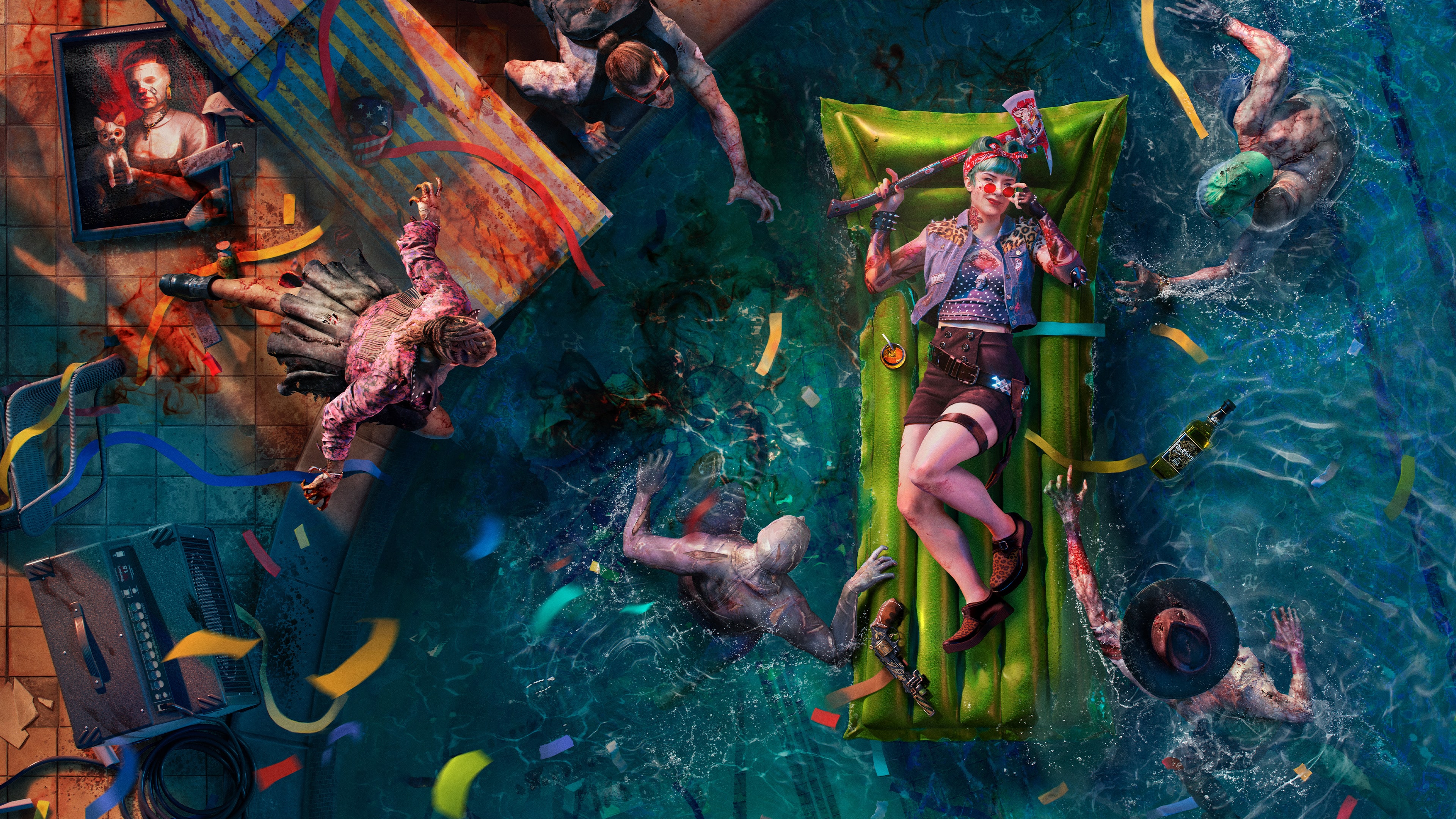 A high-action cinematic shot from Dead Island 2 featuring a survivor battling undead zombies in a bright, ruined urban environment.