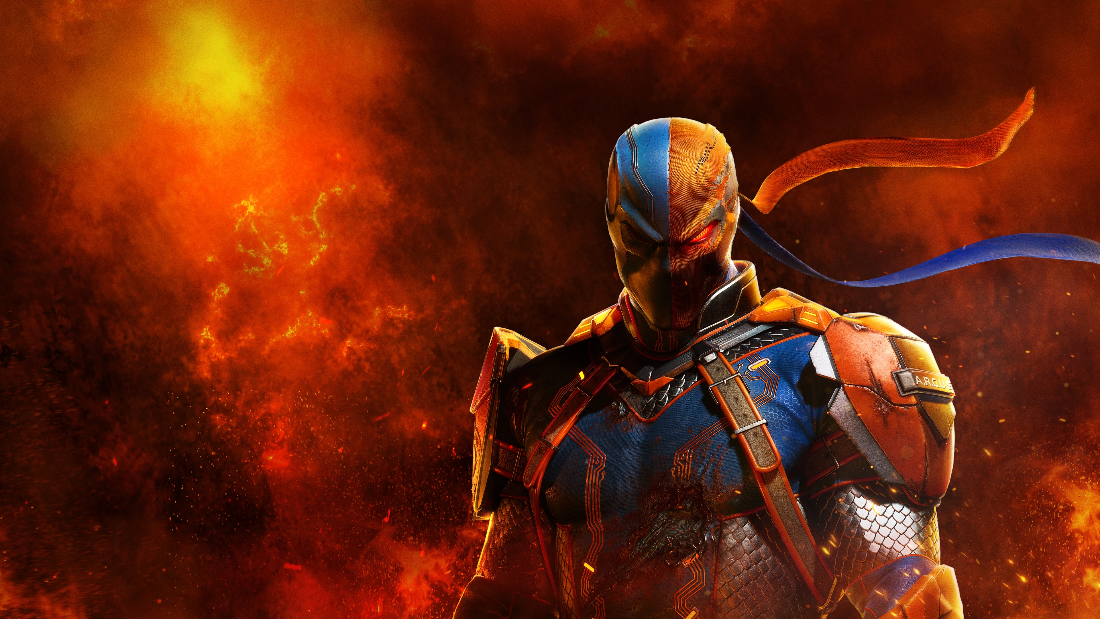 Deathstroke from Suicide Squad: Kill the Justice League against a bright orange background