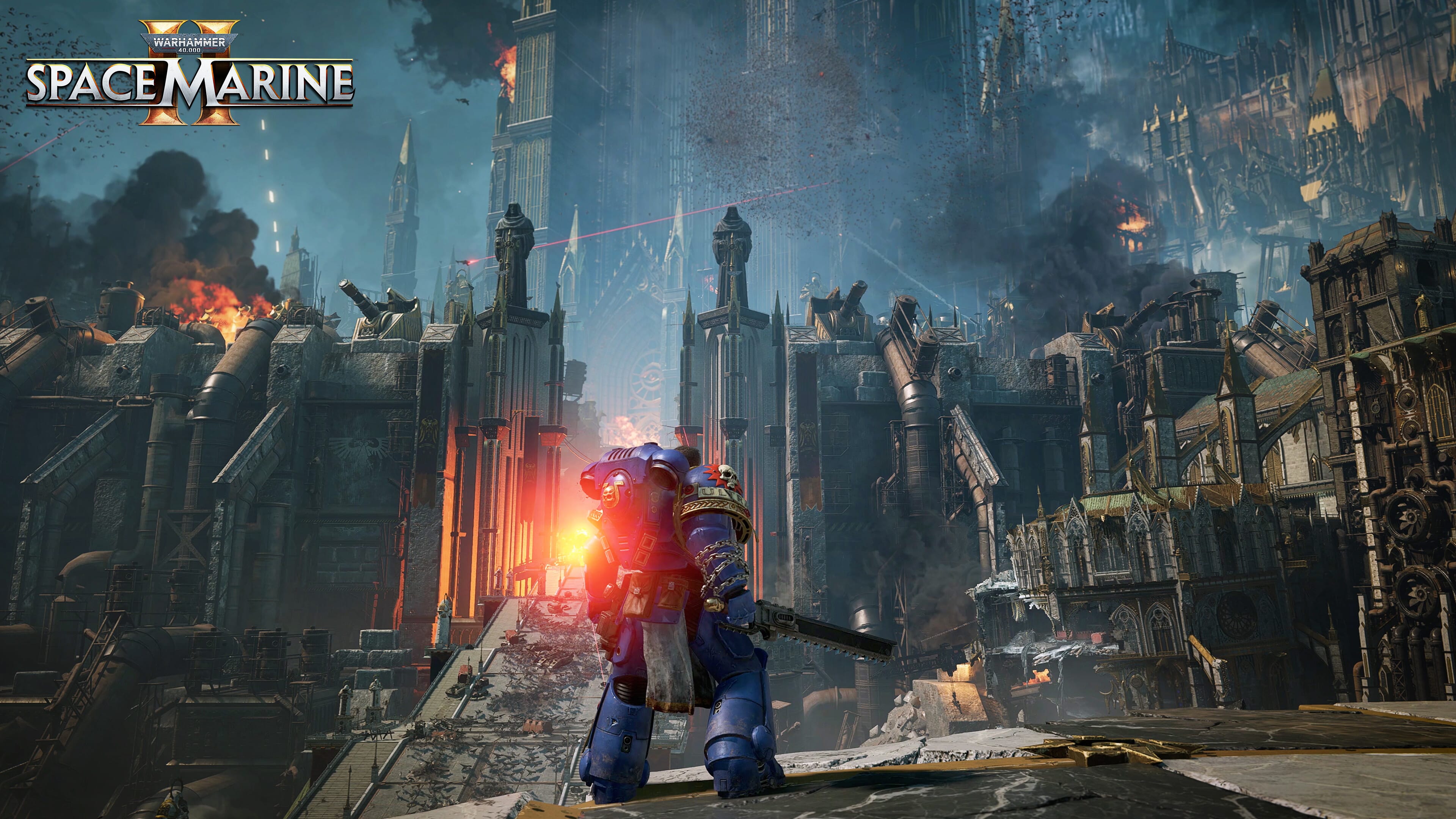 Lieutenant Demetrian Titus from Warhammer 40,000: Space Marine 2 engaged in combat during gameplay.