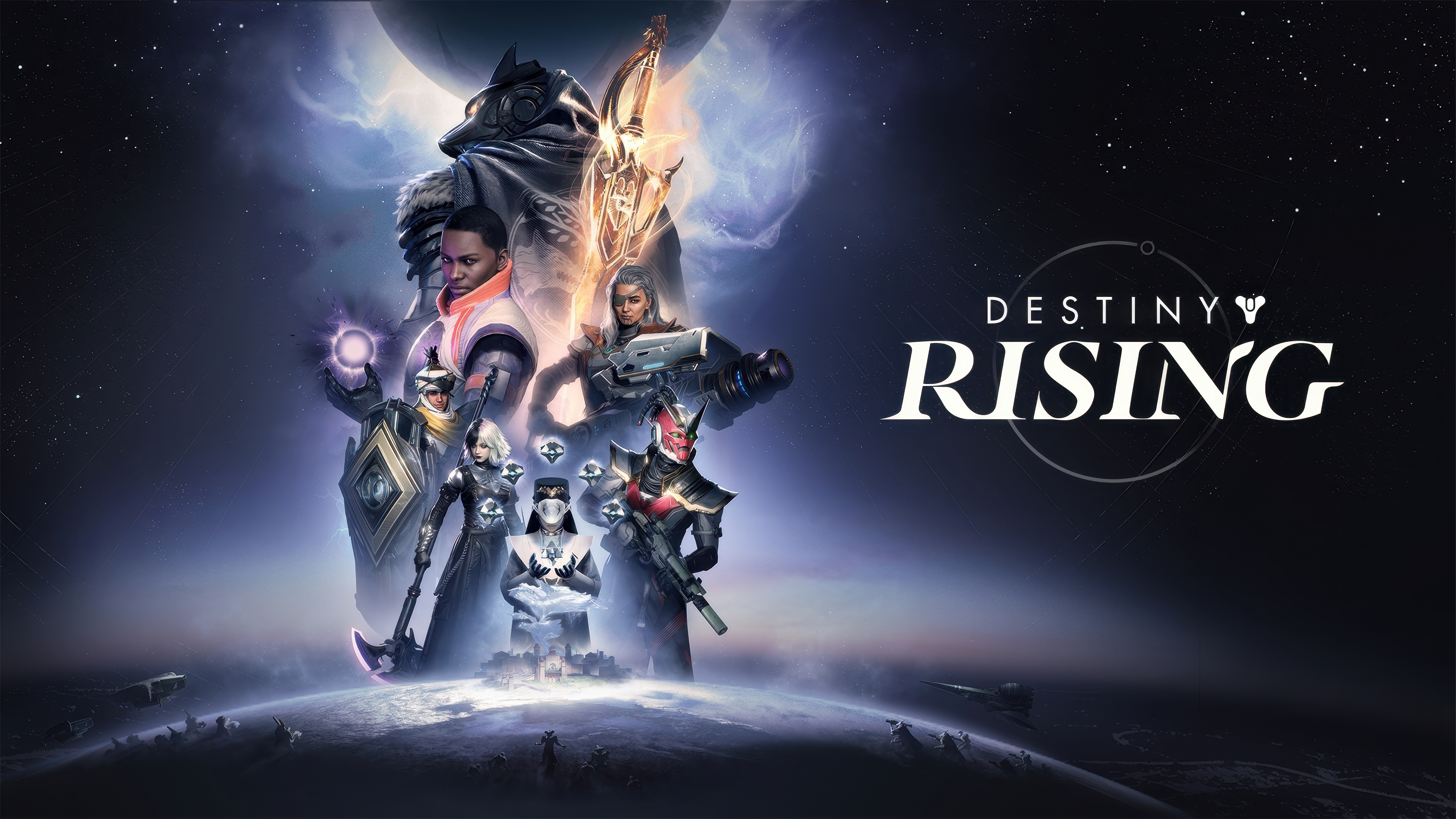 Cinematic key art featuring a character in futuristic armor from the game Destiny: Rising.