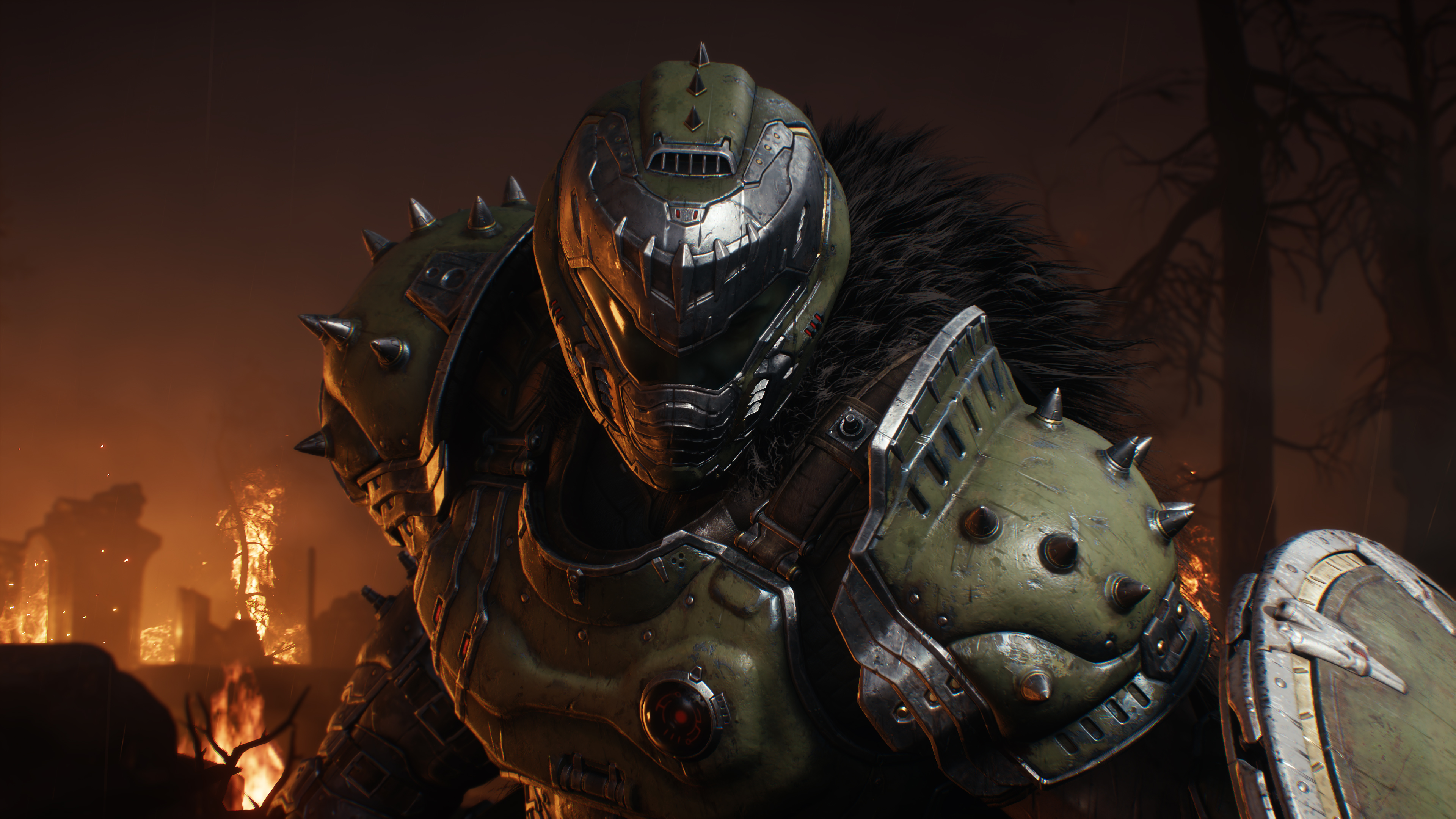 The Doom Slayer from DOOM: The Dark Ages wearing heavy armor and preparing for combat.