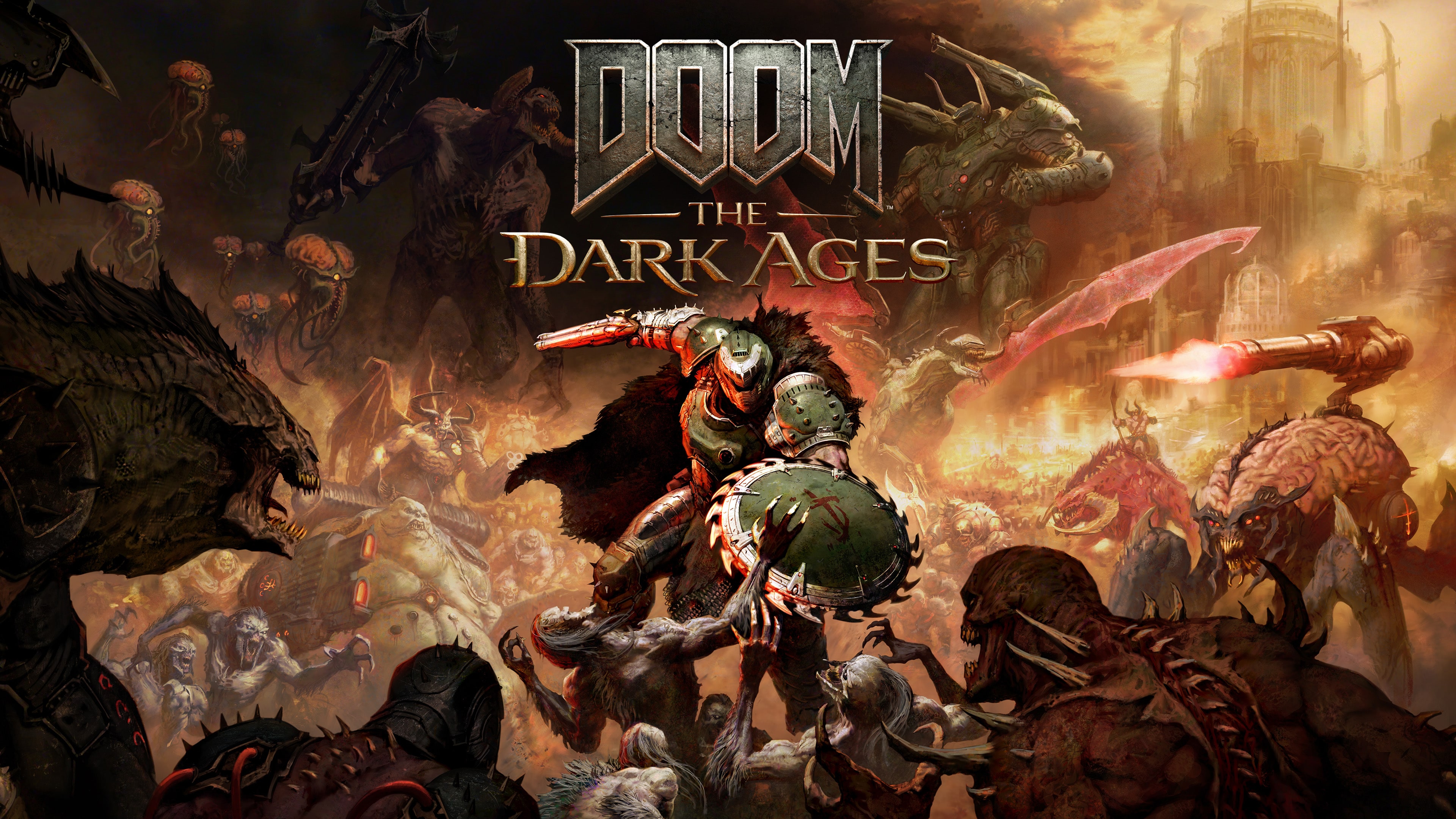 The Doom Slayer standing alongside a massive iron tank, featuring the official key art style for DOOM: The Dark Ages.