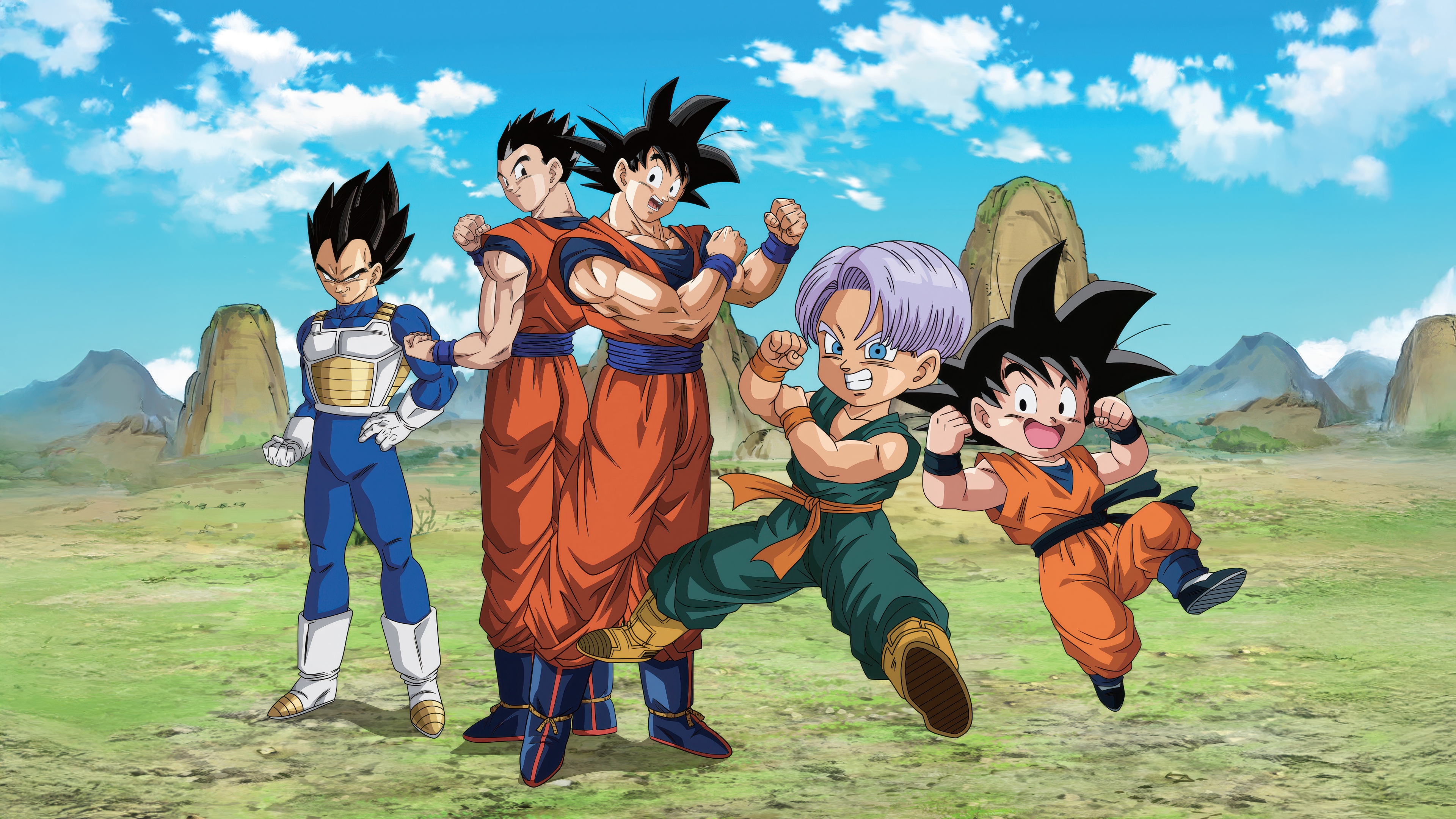 A dramatic character poster featuring Goku, Vegeta, Gohan, and Trunks from the Dragon Ball anime series.