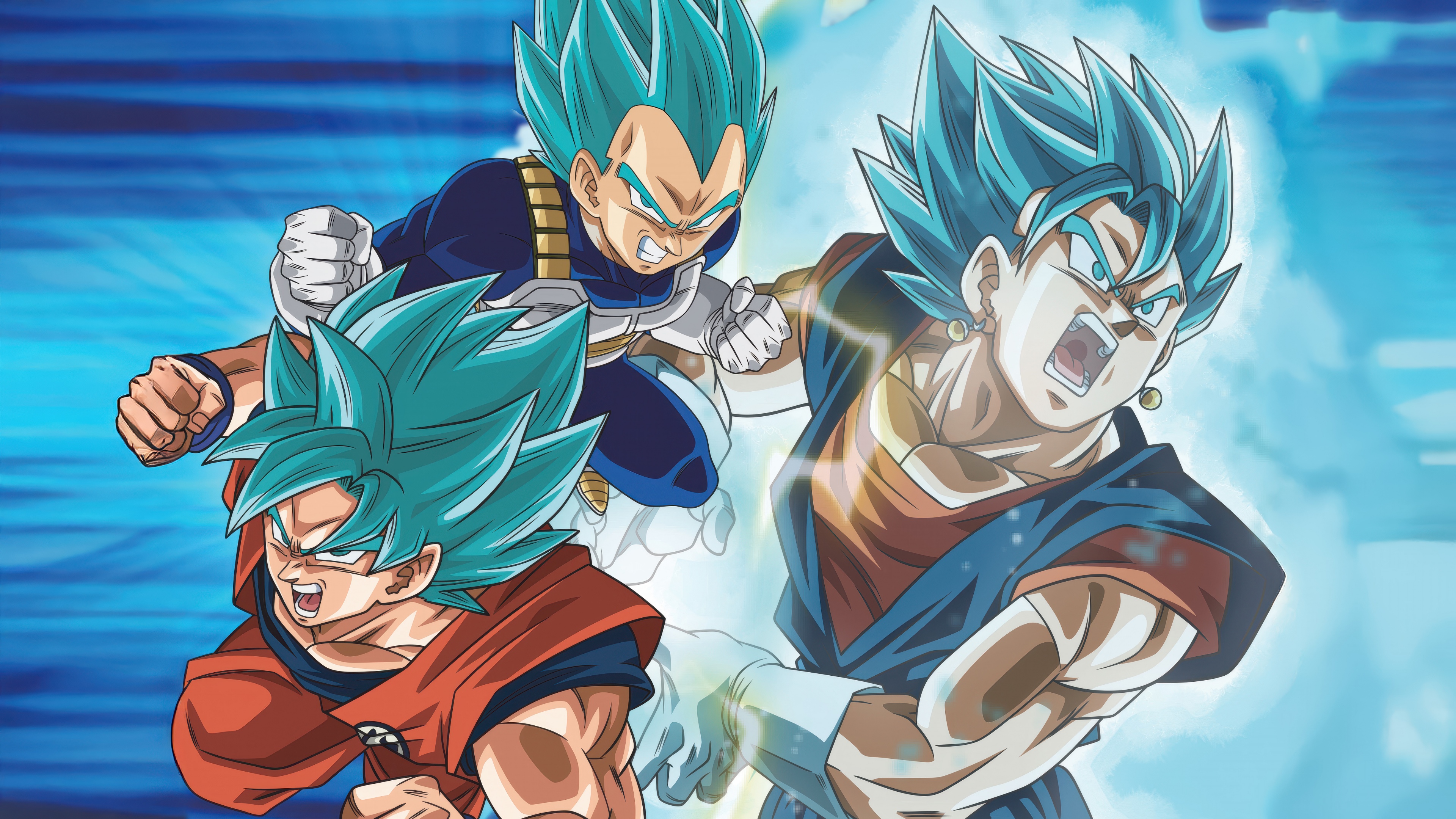 Son Goku, Vegeta, and Vegito from Dragon Ball Super displaying their Super Saiyan Blue energy and aura.
