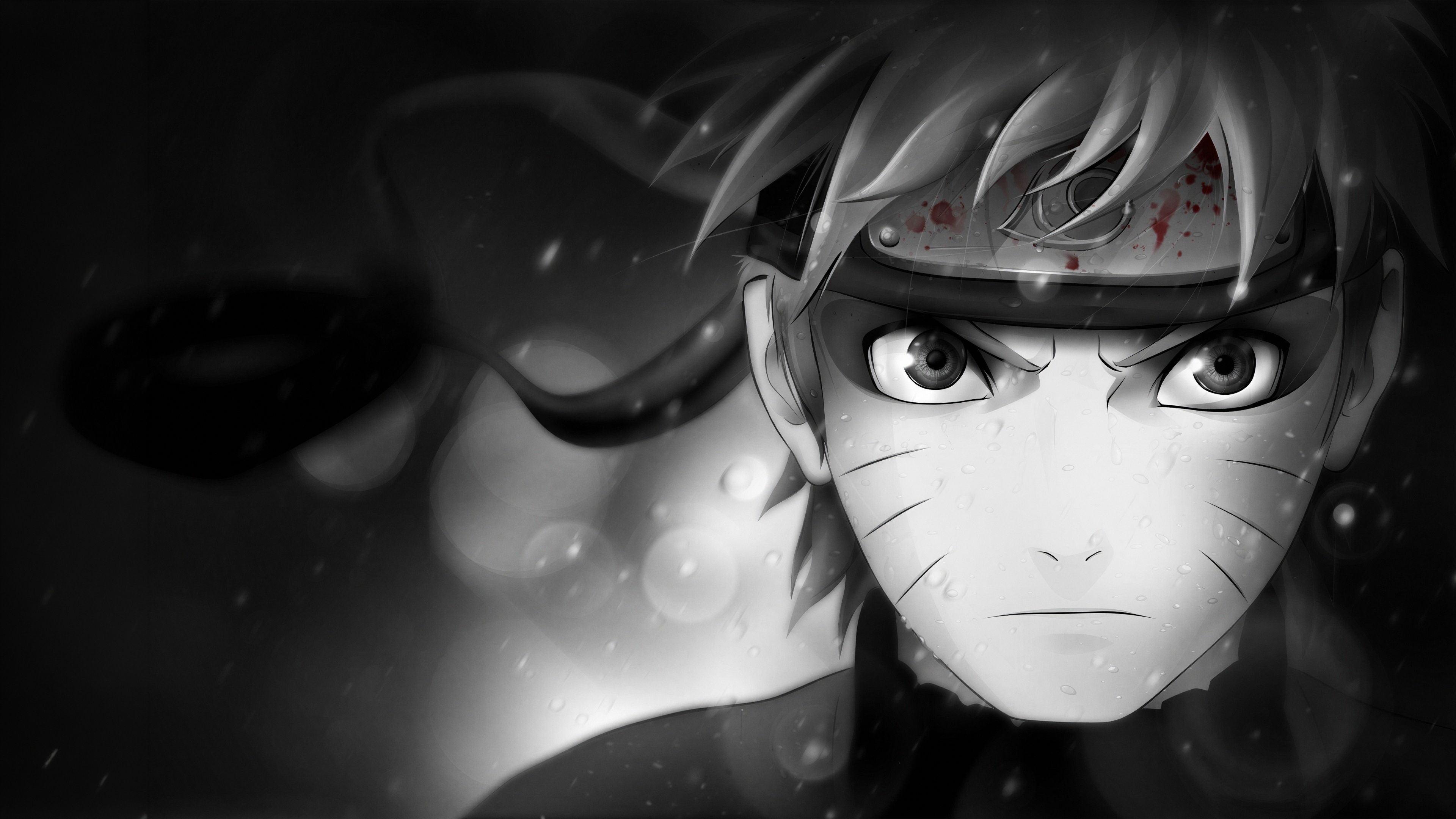 A dramatic black and white close-up portrait of Naruto Uzumaki from the Naruto anime series.