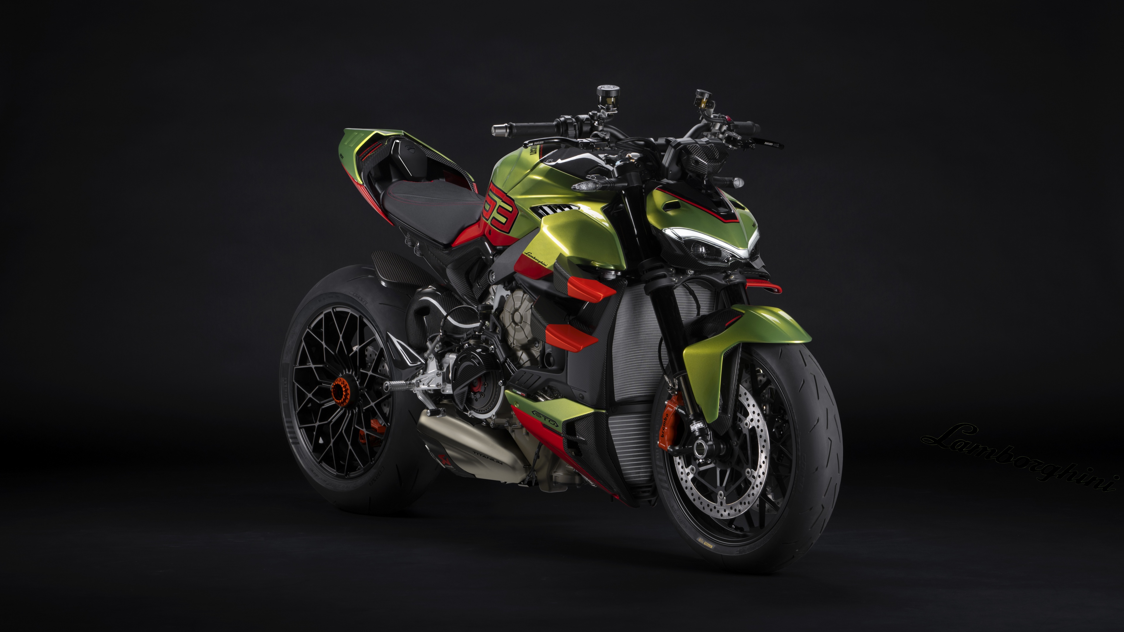 A high-resolution, cinematic view of a 2024 Ducati Streetfighter V4 Lamborghini motorcycle set against a dark, moody background.