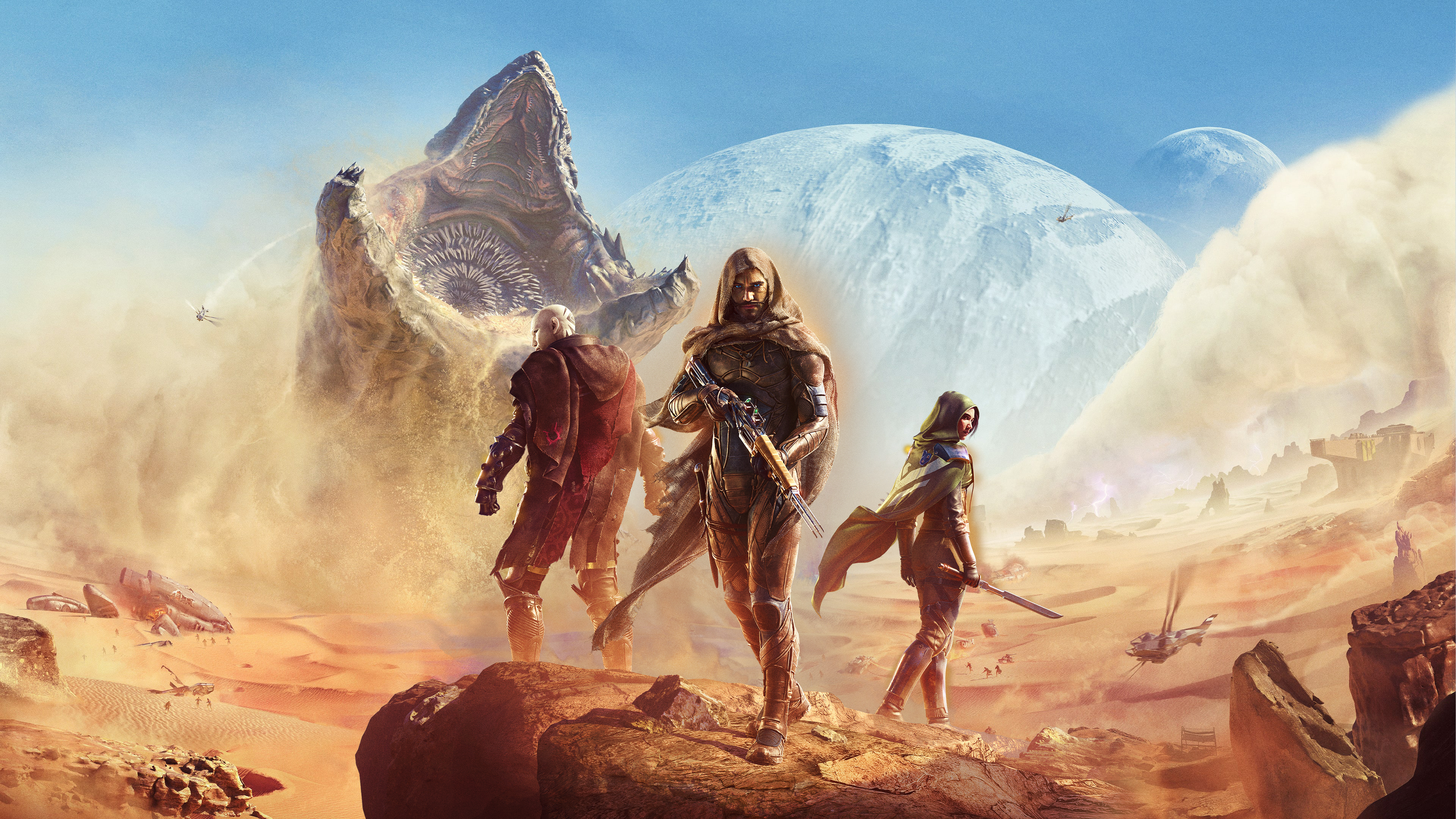 Cinematic key art for Dune: Awakening featuring a survivor in a stillsuit amidst the desert dunes of Arrakis.