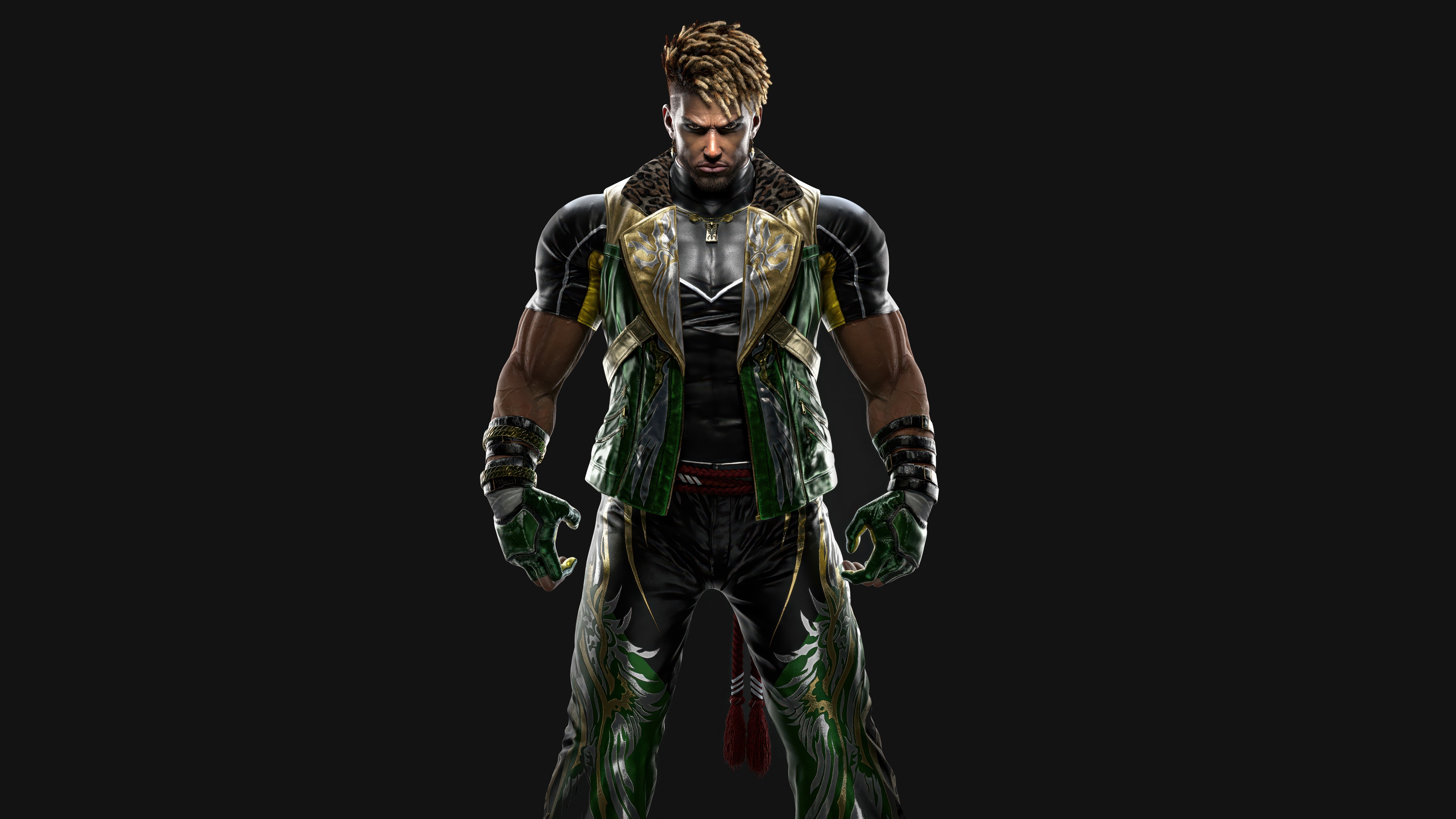 A detailed, cinematic close-up of Eddy Gordo from Tekken 8 against a dark, atmospheric background.