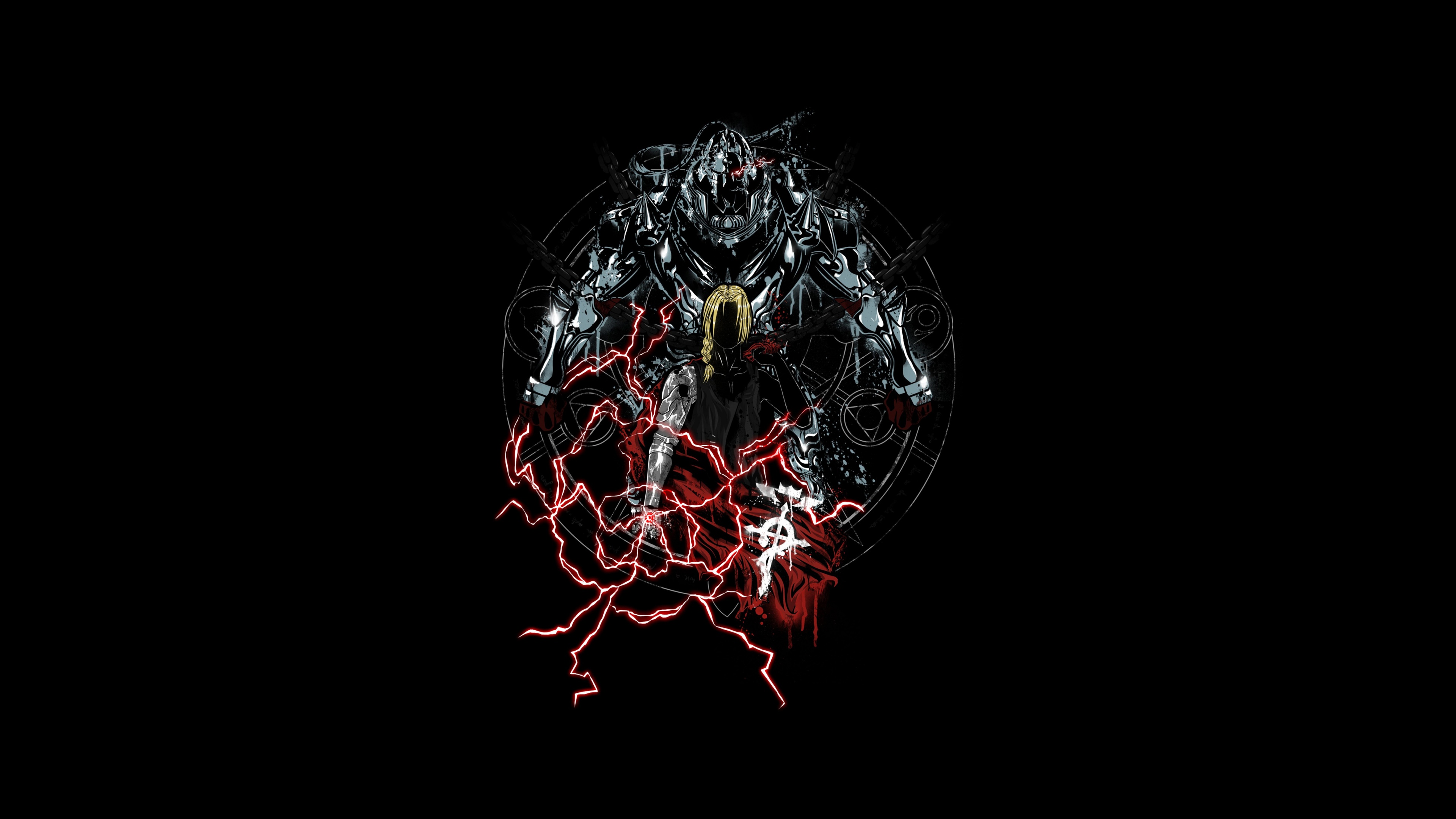 Detailed portrait of Edward Elric and Alphonse Elric from Fullmetal Alchemist against a solid black background.