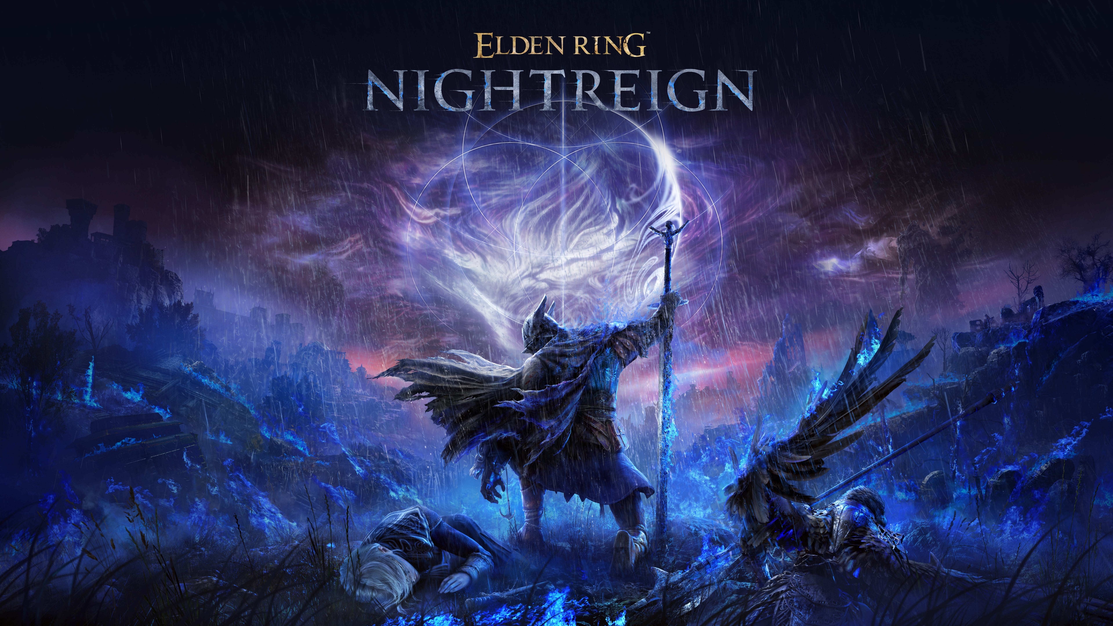 A dark fantasy knight in ornate armor standing under a celestial night sky, Elden Ring Nightreign concept art.