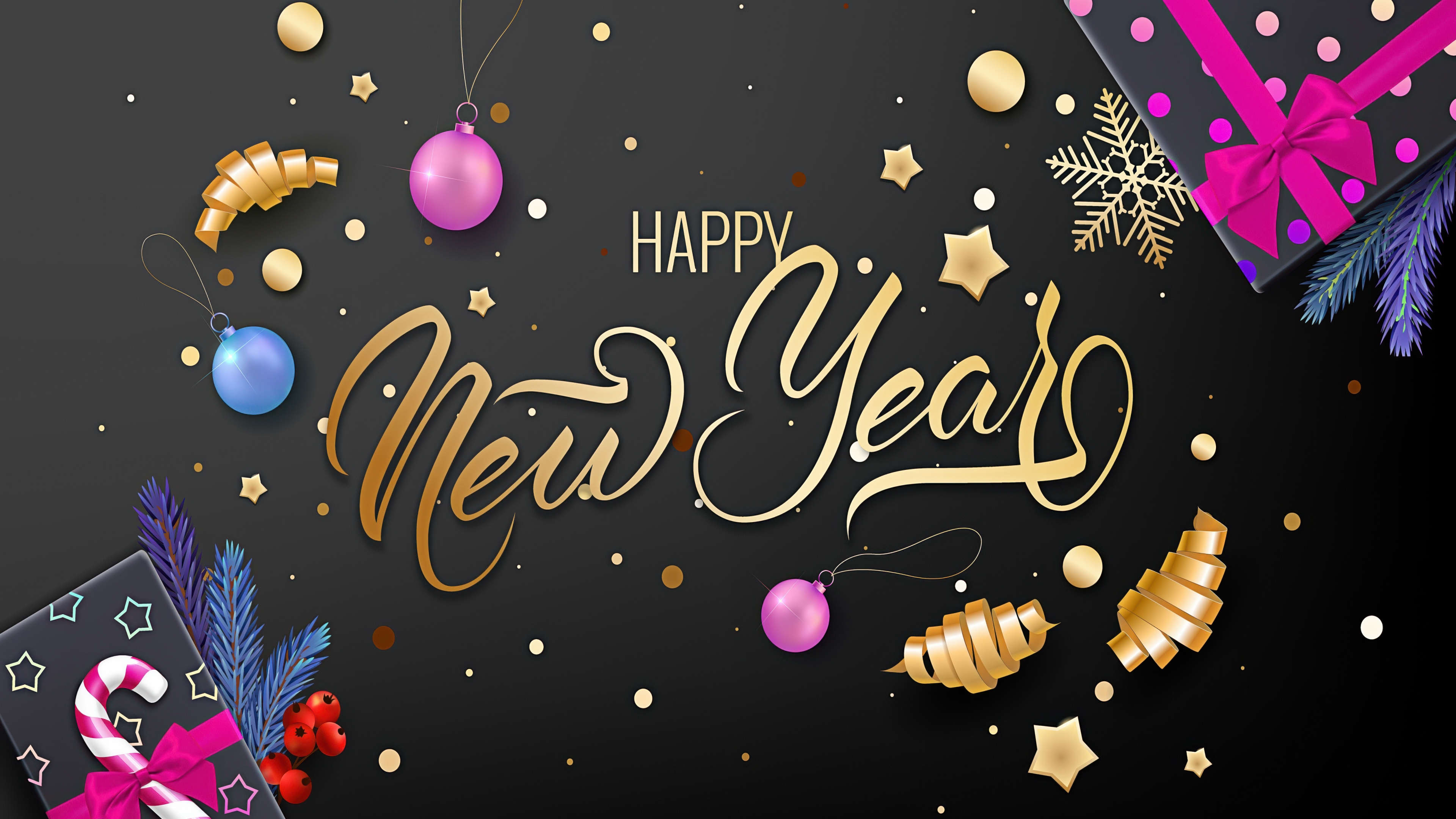 Golden 'Happy New Year' text with gold confetti on a dark black background