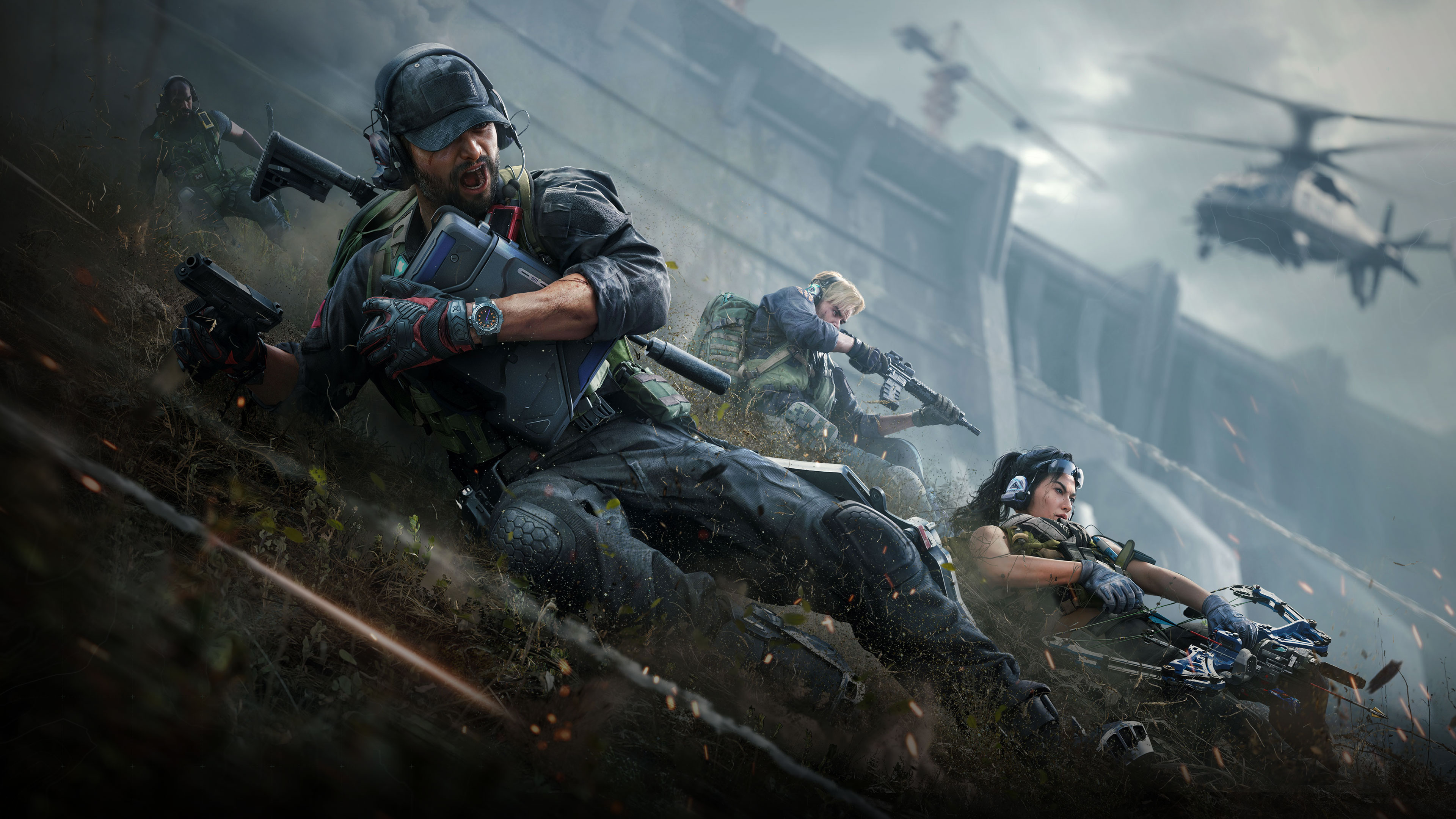 Close-up of a Delta Force tactical soldier wearing advanced military gear and night vision goggles in a cinematic game art style.