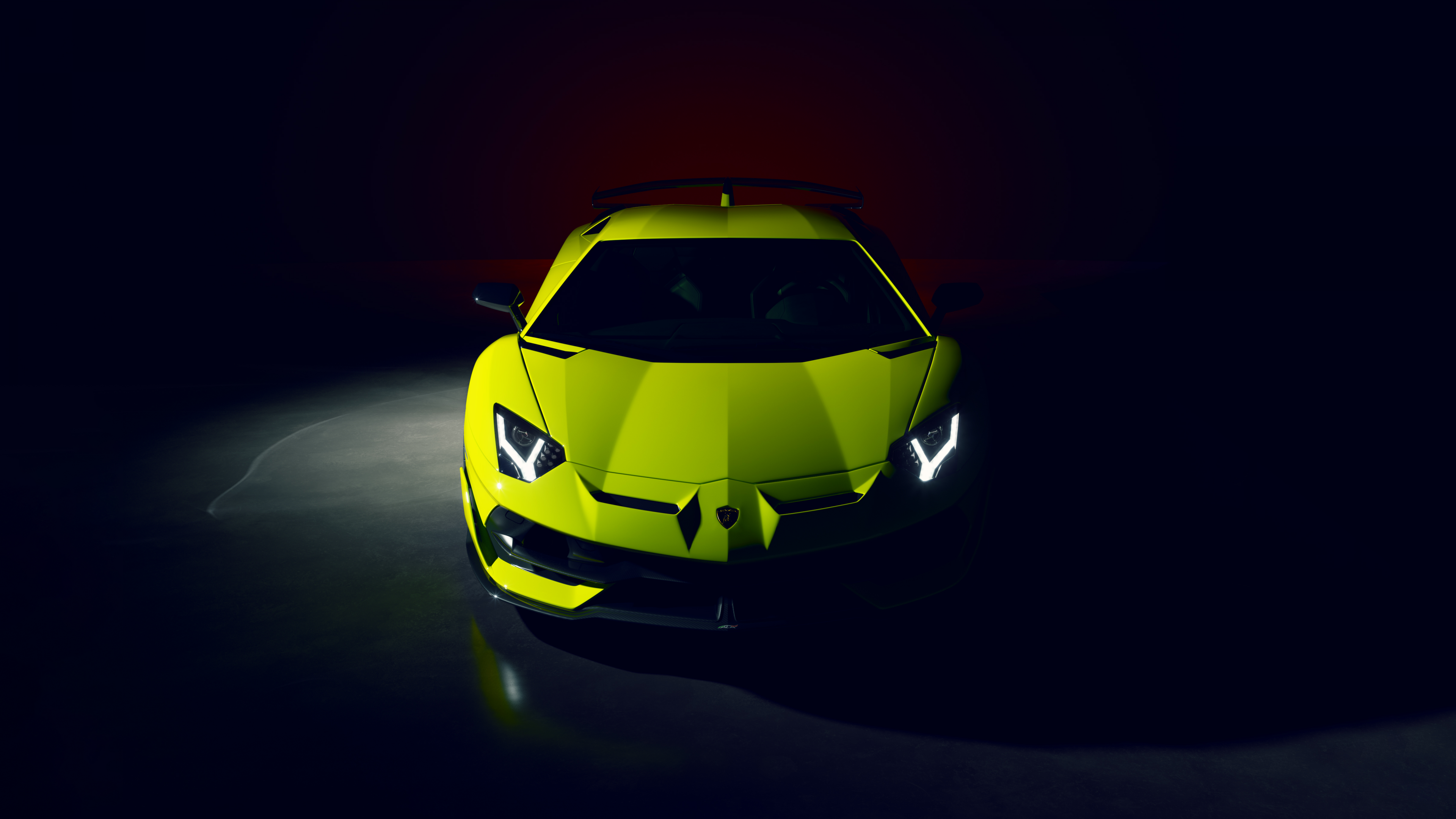 A vibrant green Lamborghini Aventador SVJ supercar set against a dark, cinematic background.