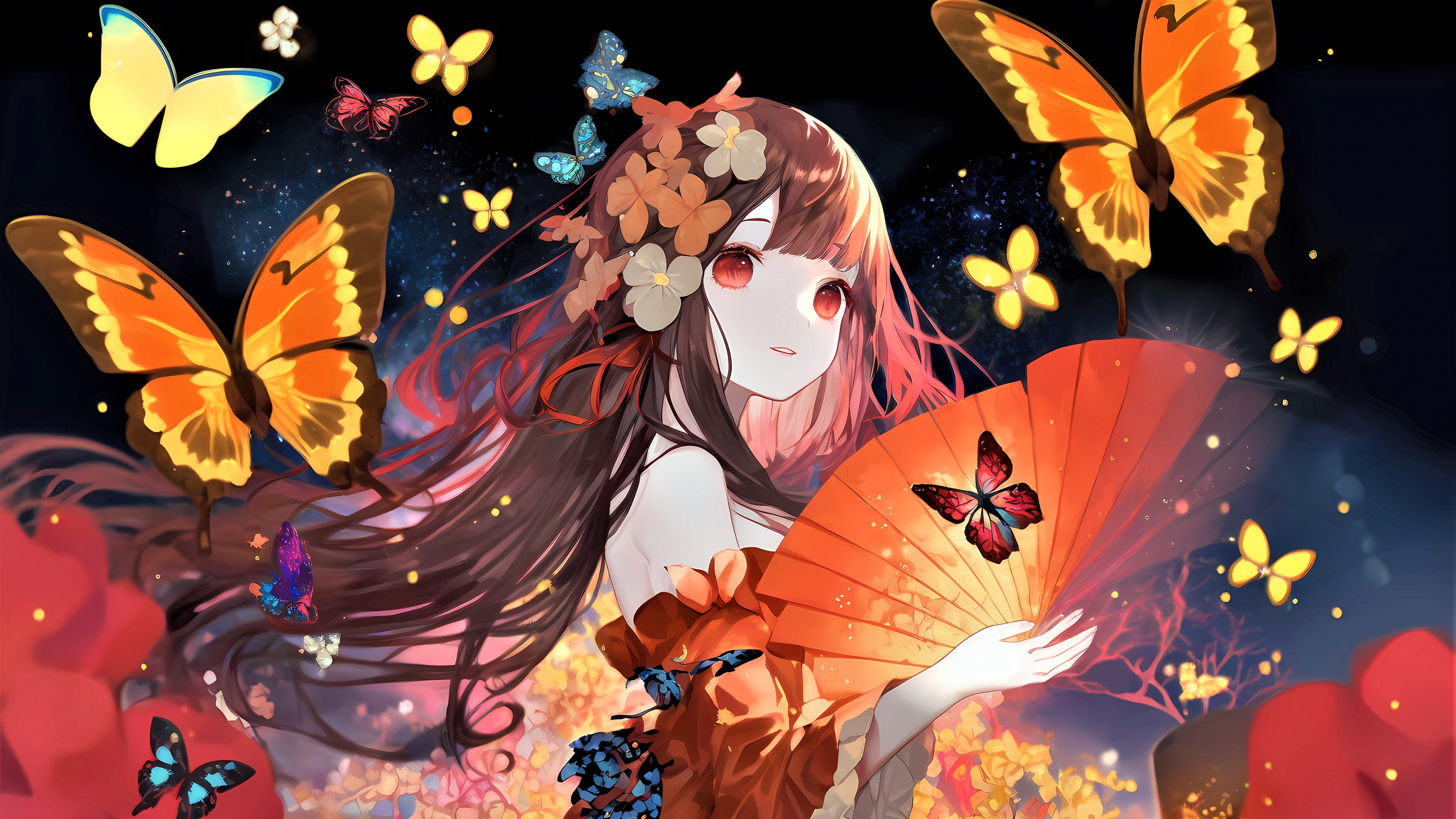 An anime girl with vibrant butterflies floating around her in a surreal, colorful setting.