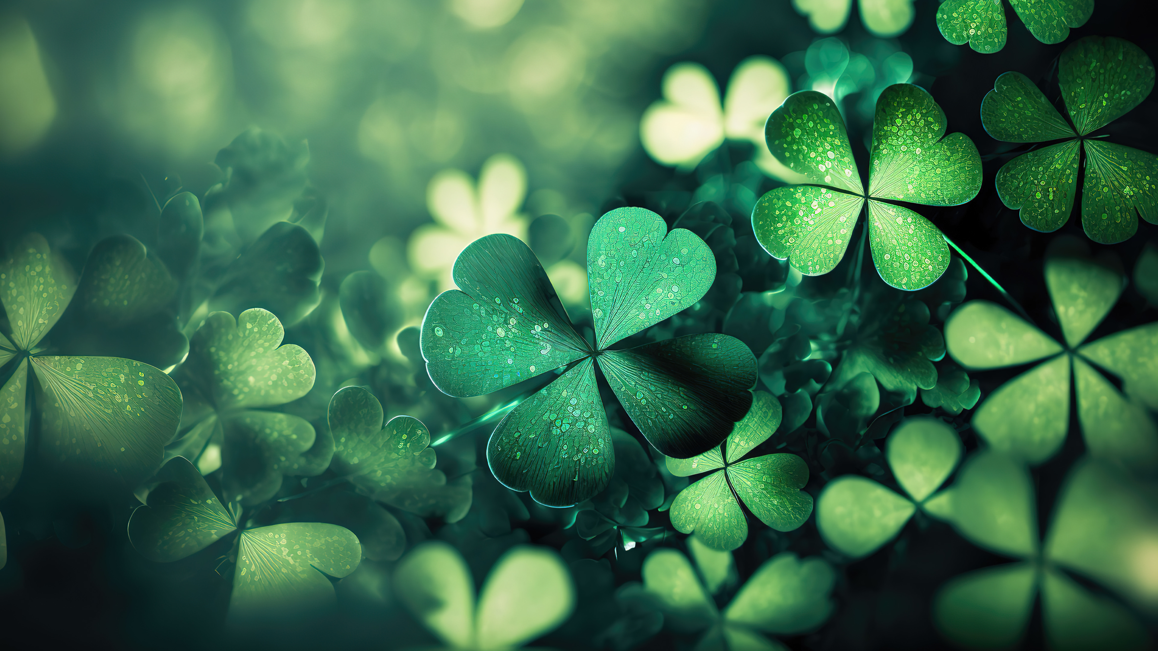 A detailed close-up of vibrant green shamrocks and lucky four-leaf clovers.
