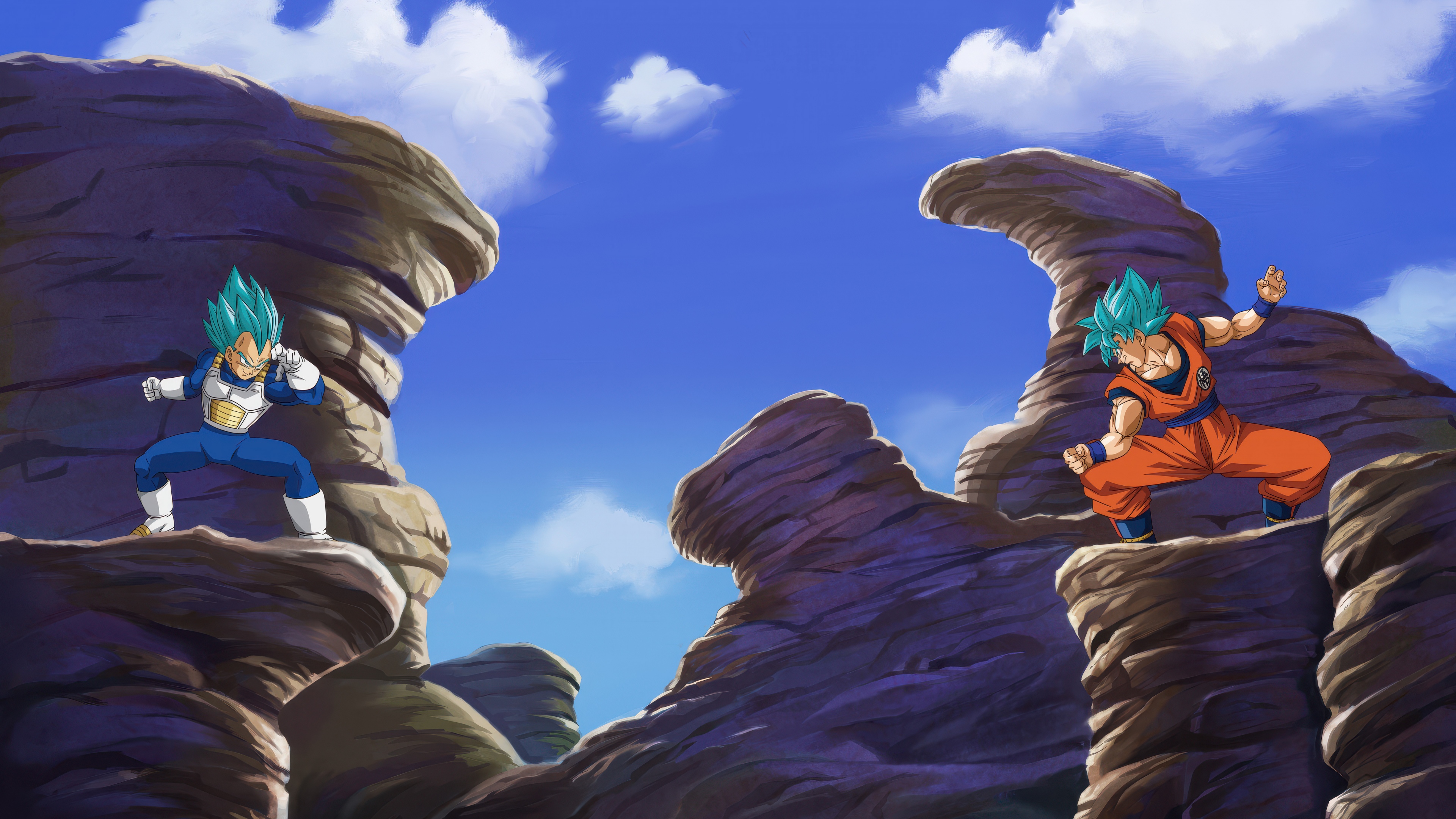 Goku and Vegeta clashing in Super Saiyan Blue form during a battle in Dragon Ball Super