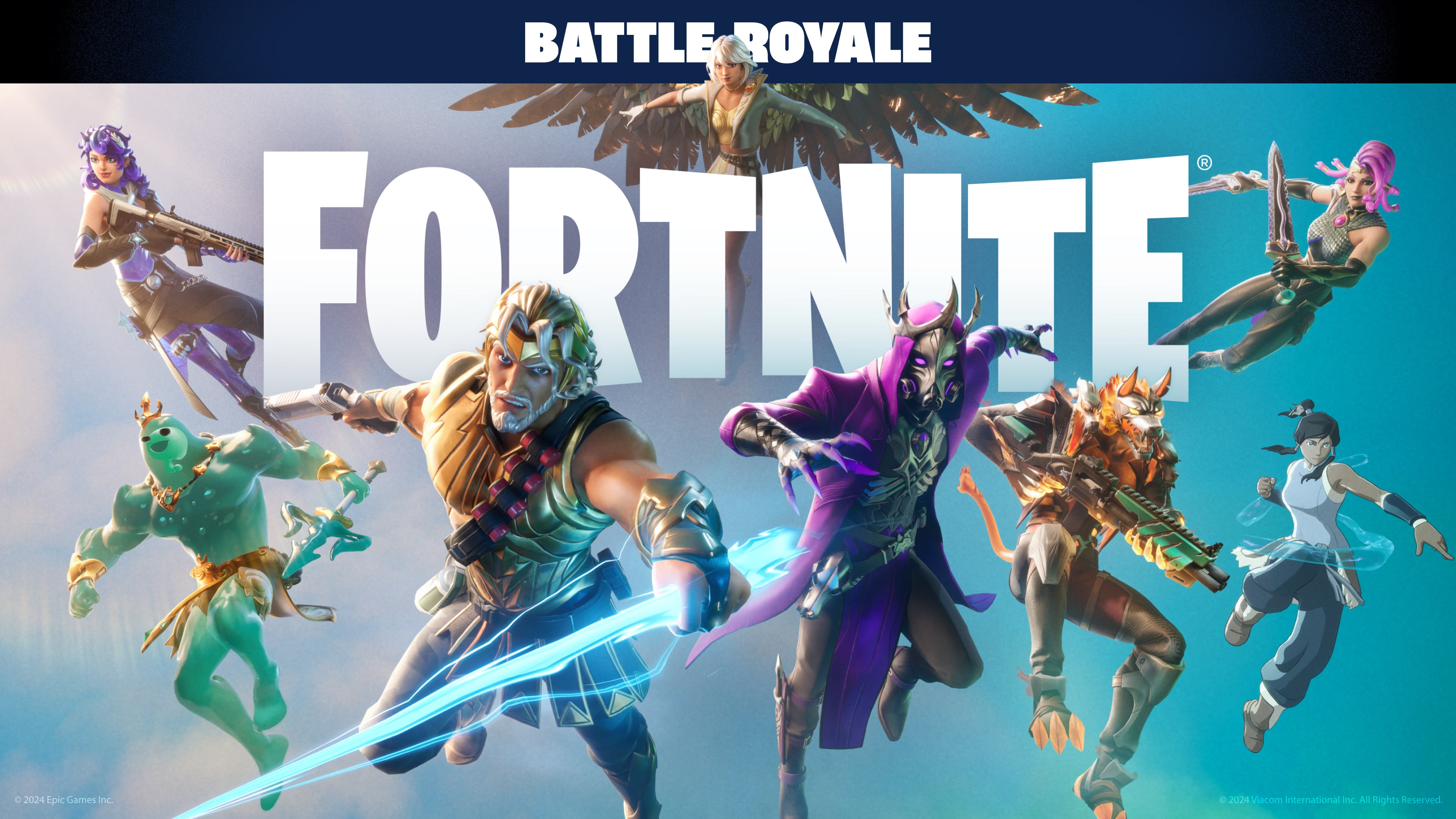 A stylized tactical character in vibrant armor standing in a colorful battle royale arena.