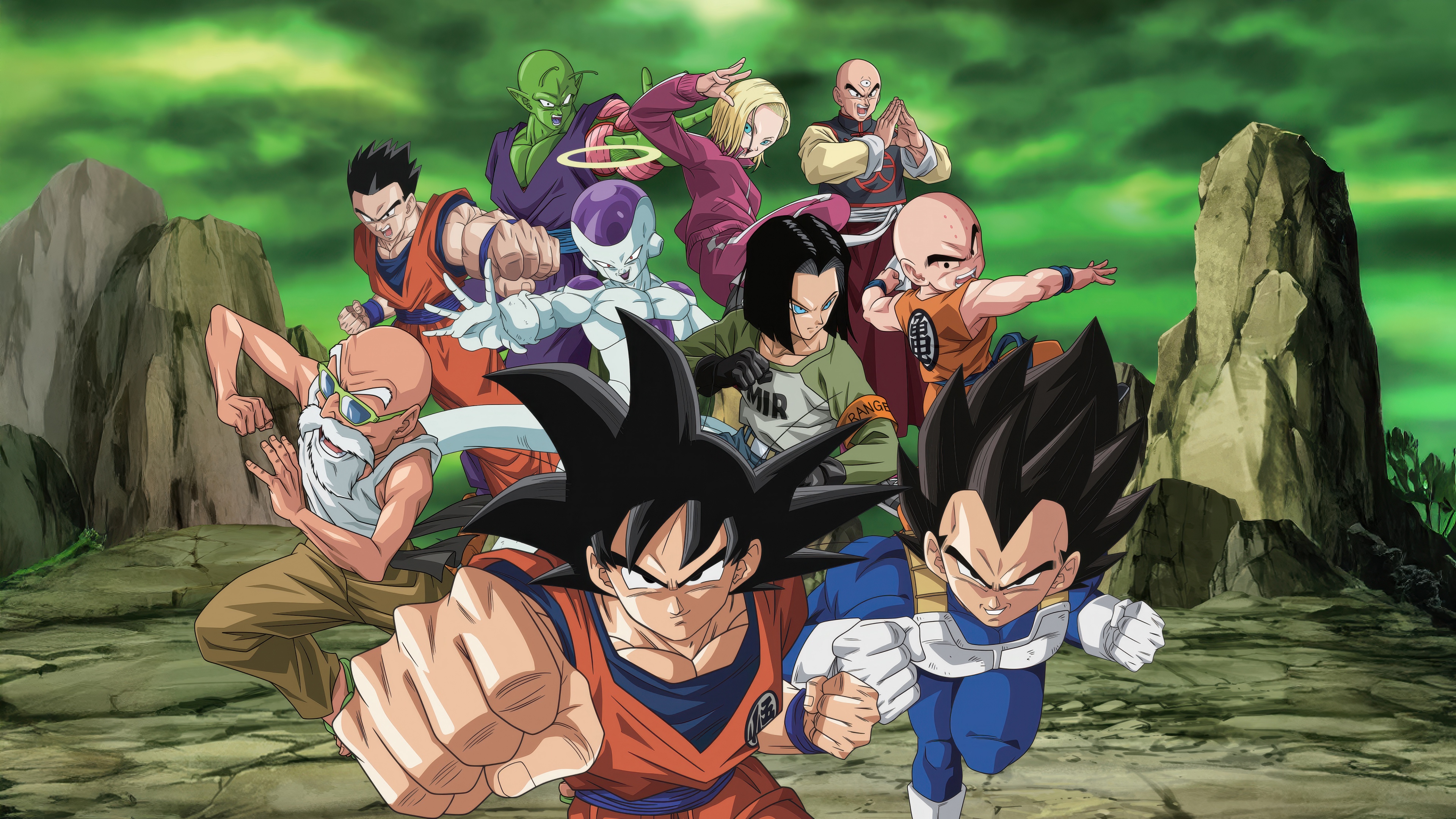 A cinematic lineup of Goku, Vegeta, Frieza, Gohan, and Piccolo from the Dragon Ball Super anime series.