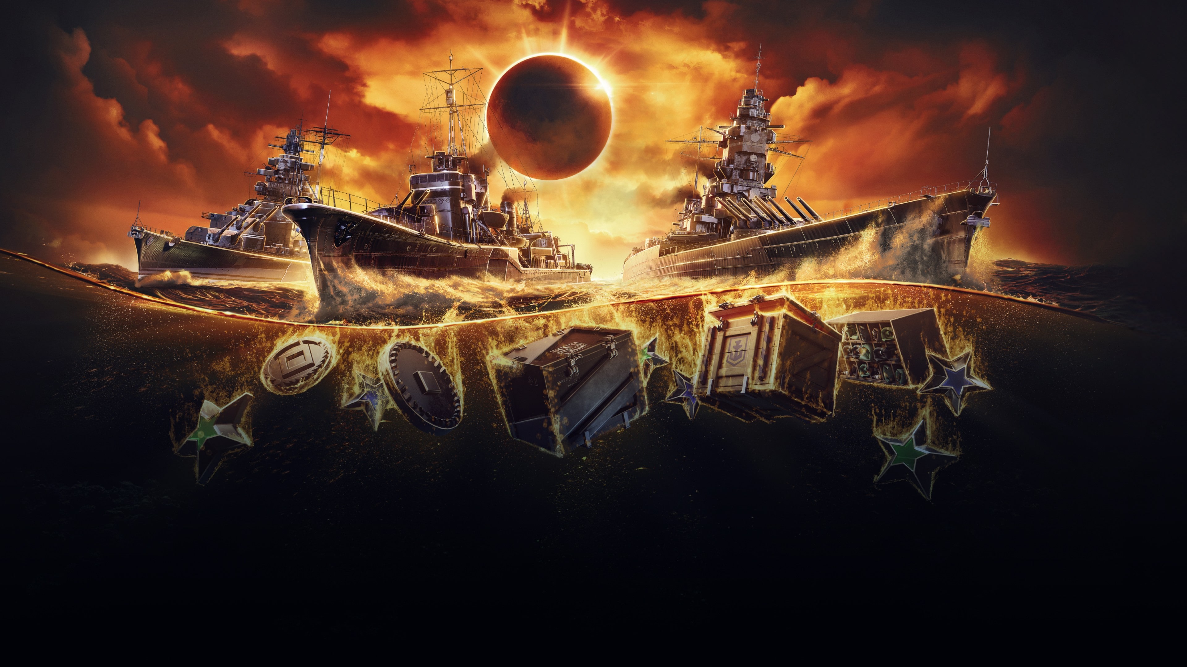 Massive warships sailing through a stormy sea during a naval battle in World of Warships: Legends.
