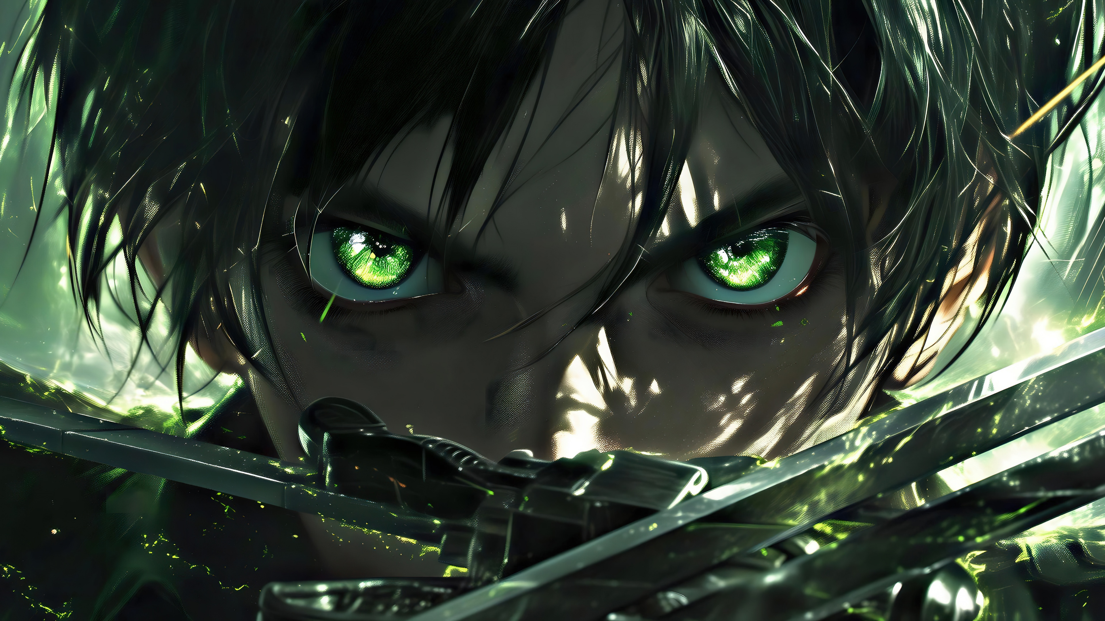A detailed close-up portrait of Eren Yeager from Attack on Titan featuring his signature green eyes.