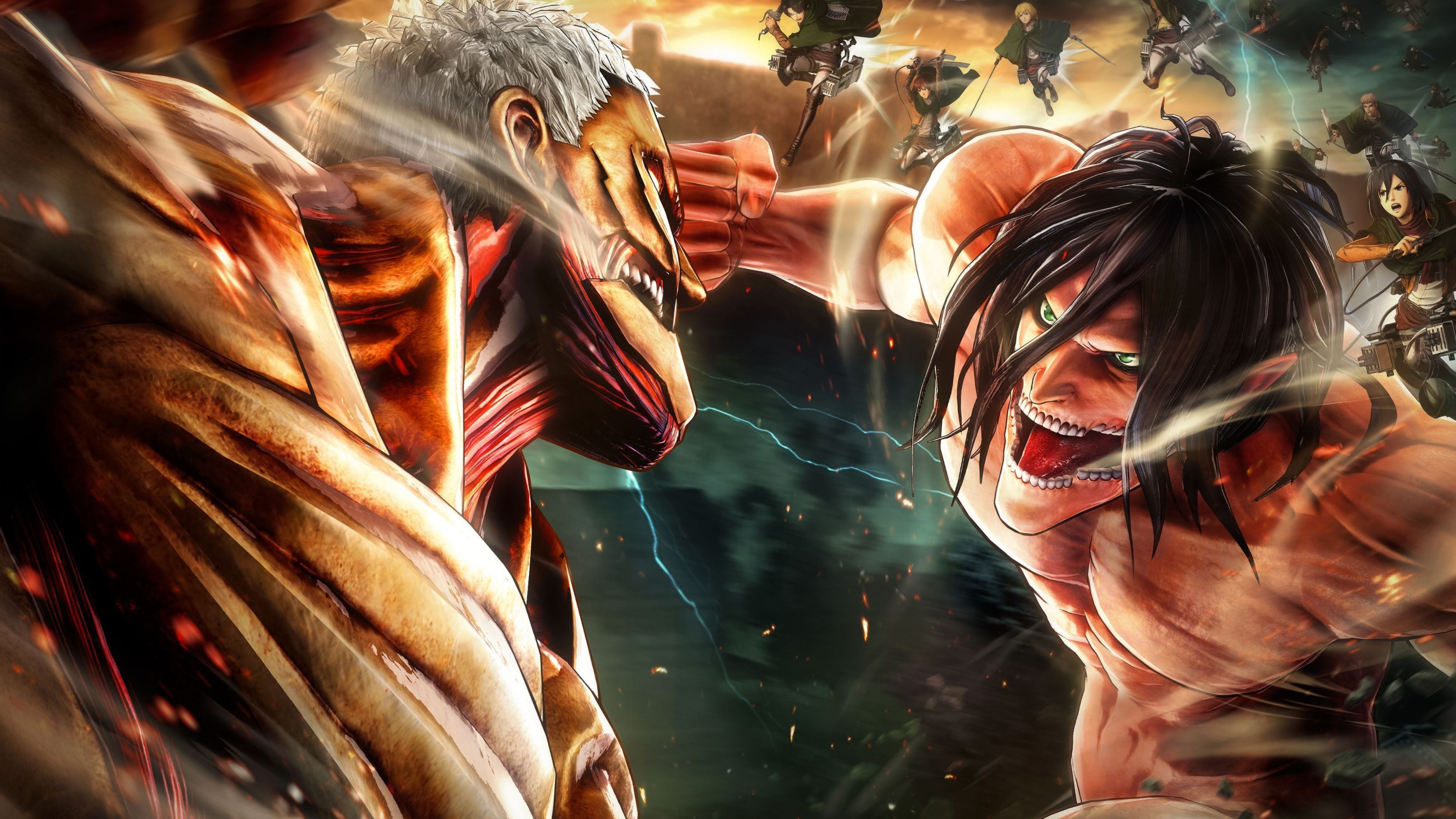 A dramatic portrait of Eren Yeager from the anime series Attack on Titan.