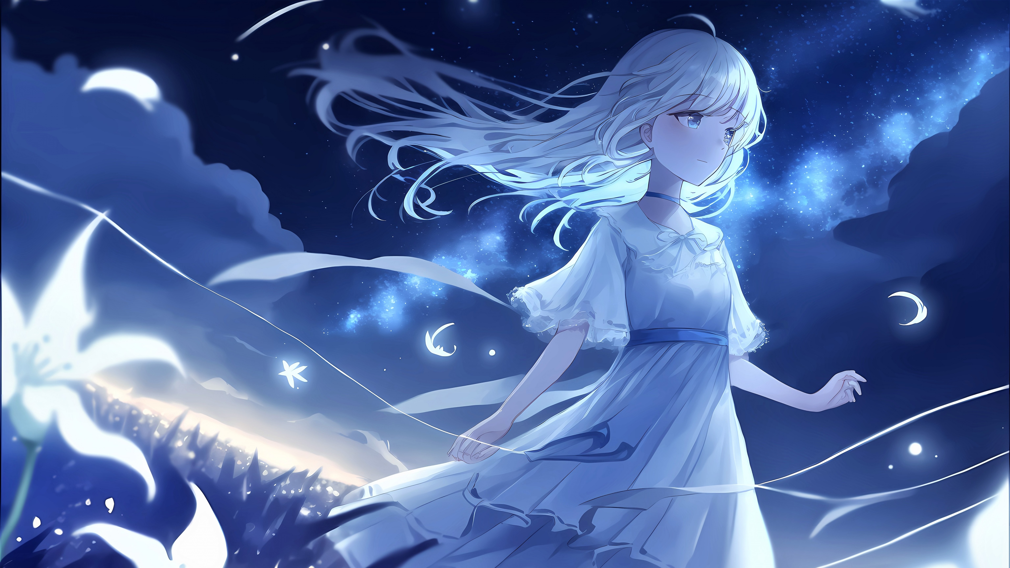 An anime girl gazing at a beautiful, surreal blue night sky filled with bright stars.