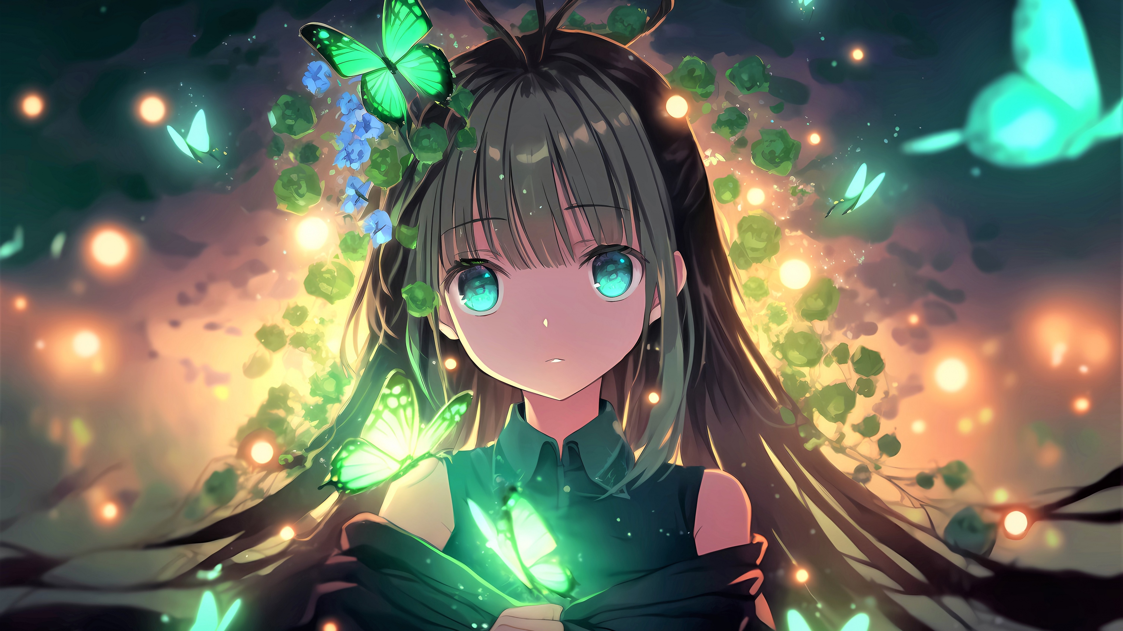 Anime girl with bright green eyes and butterflies in a surreal fairy-themed background.