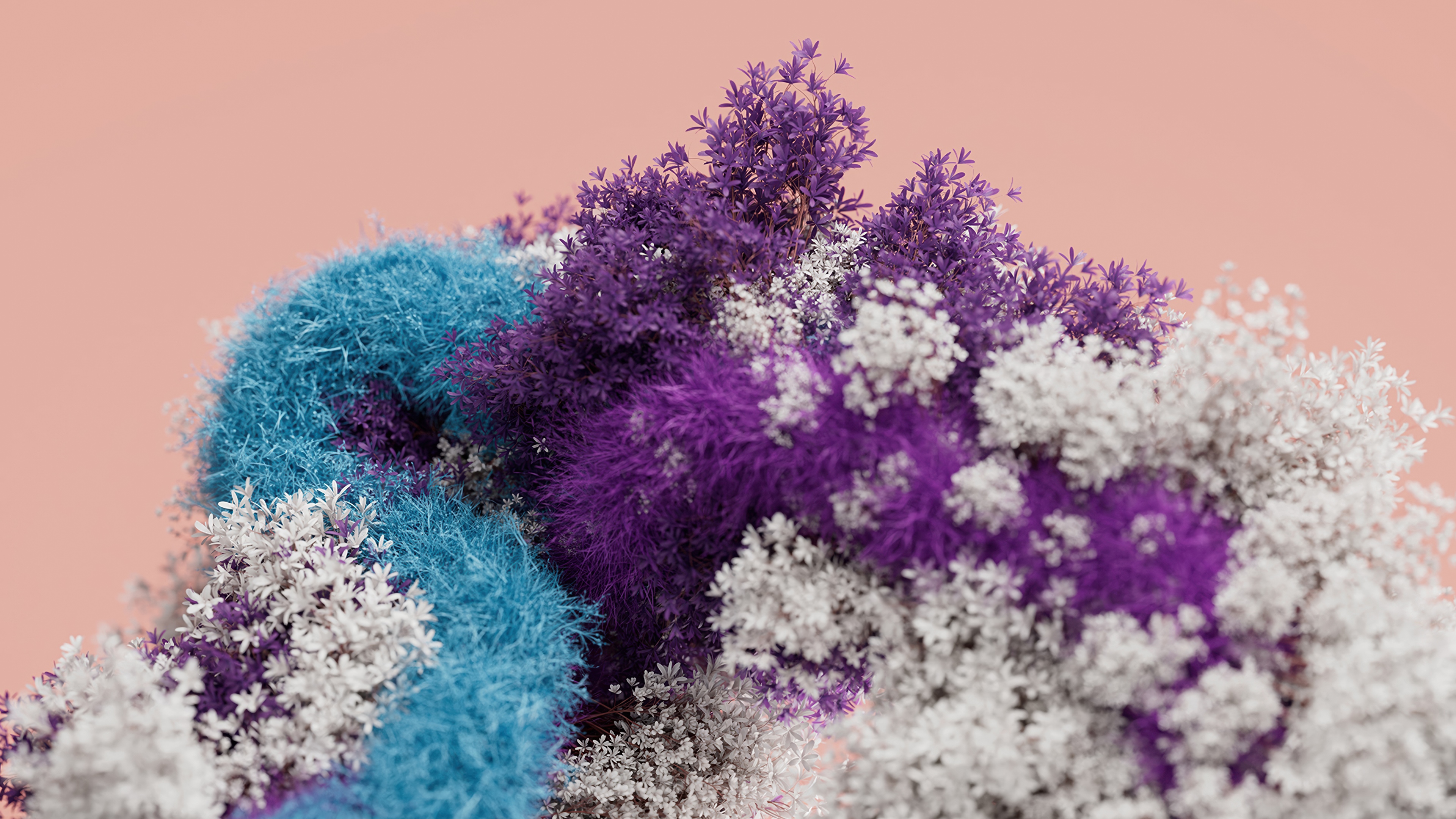 A 3D rendered surreal floral background with colorful blooming flowers and a soft peach pastel palette.