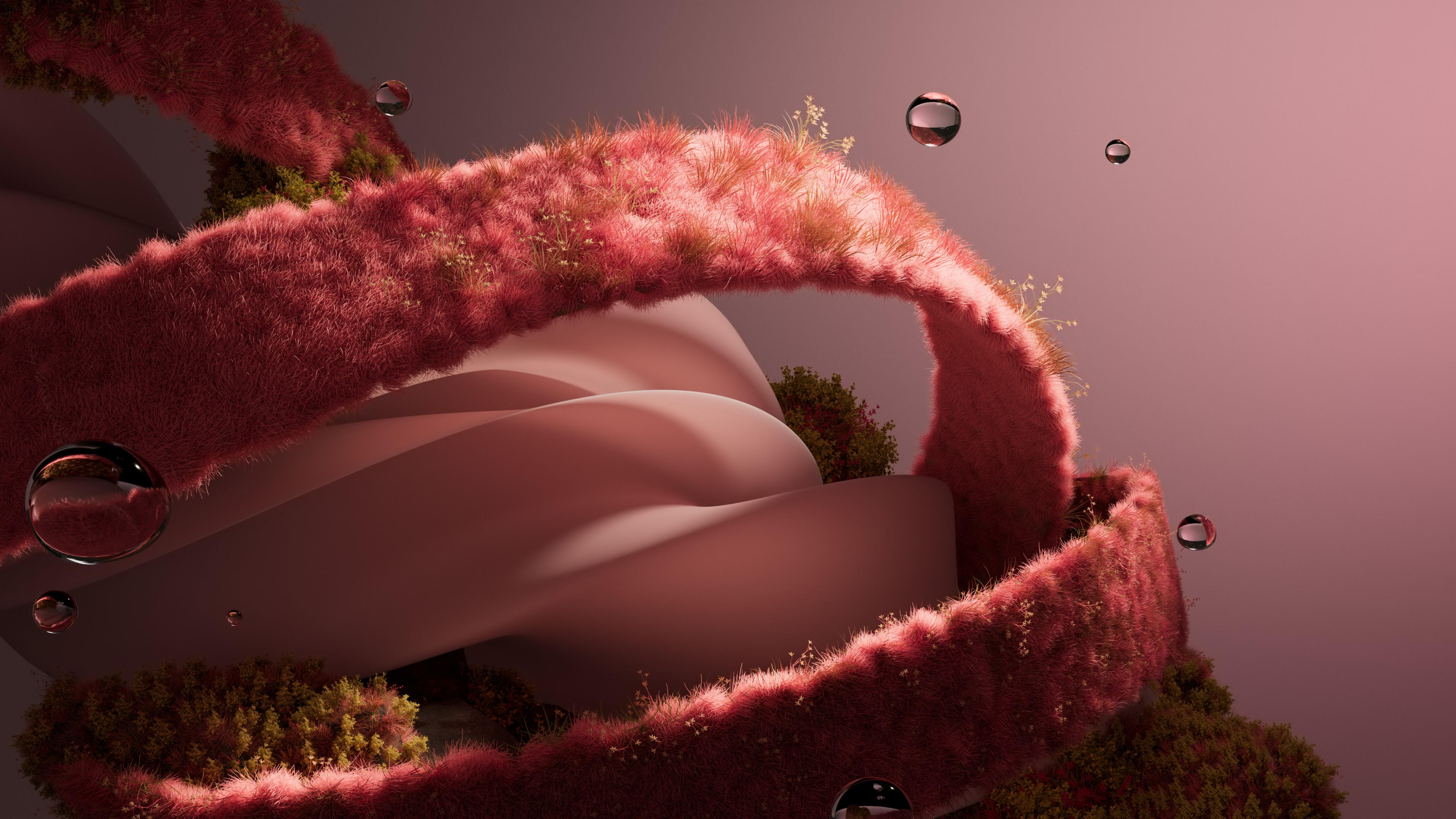 Surreal pink grass with sparkling water droplets in a dreamlike botanical setting.