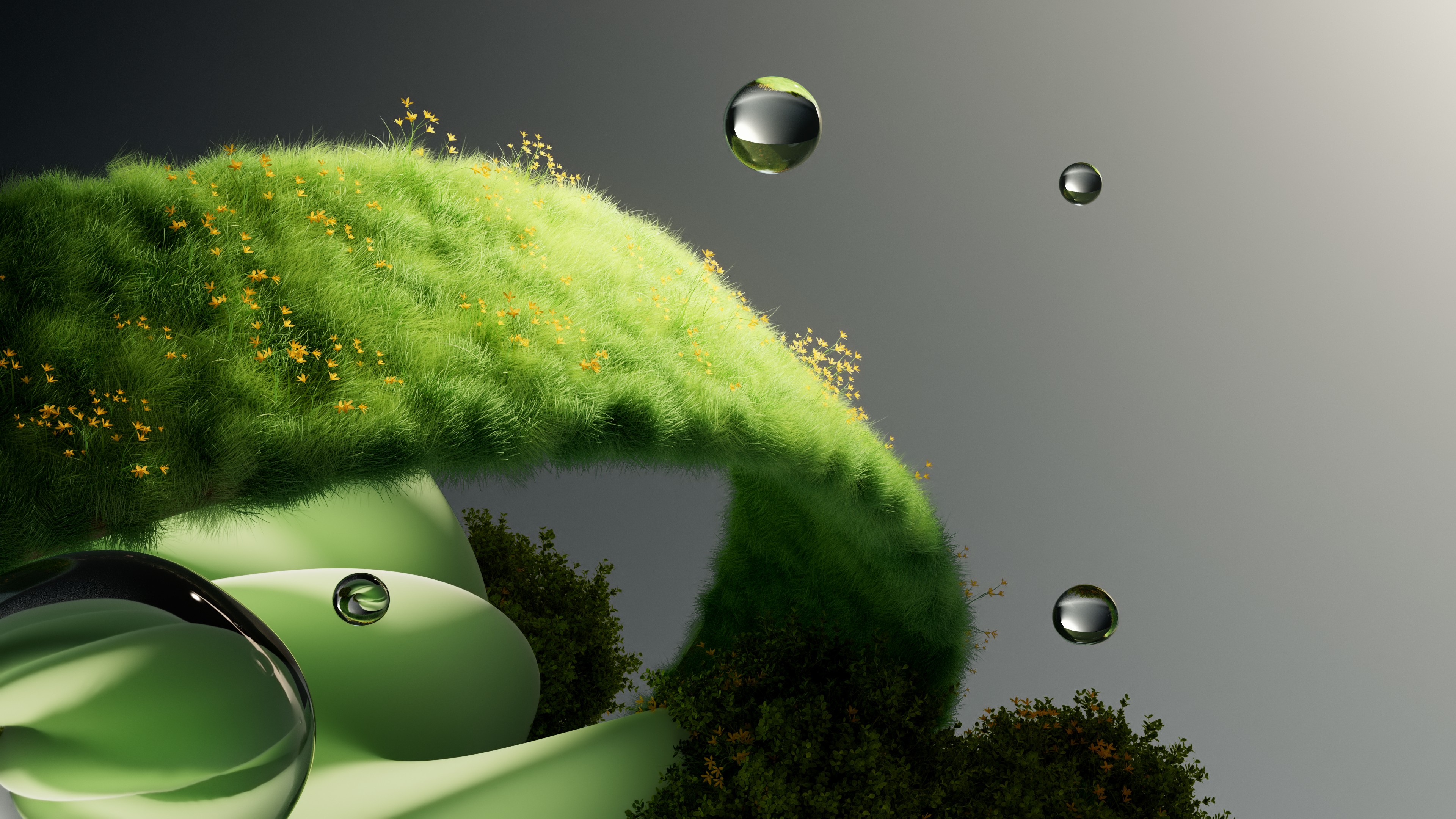 A surreal, close-up view of vibrant green grass covered in sparkling water droplets, creating a dreamlike botanical atmosphere.