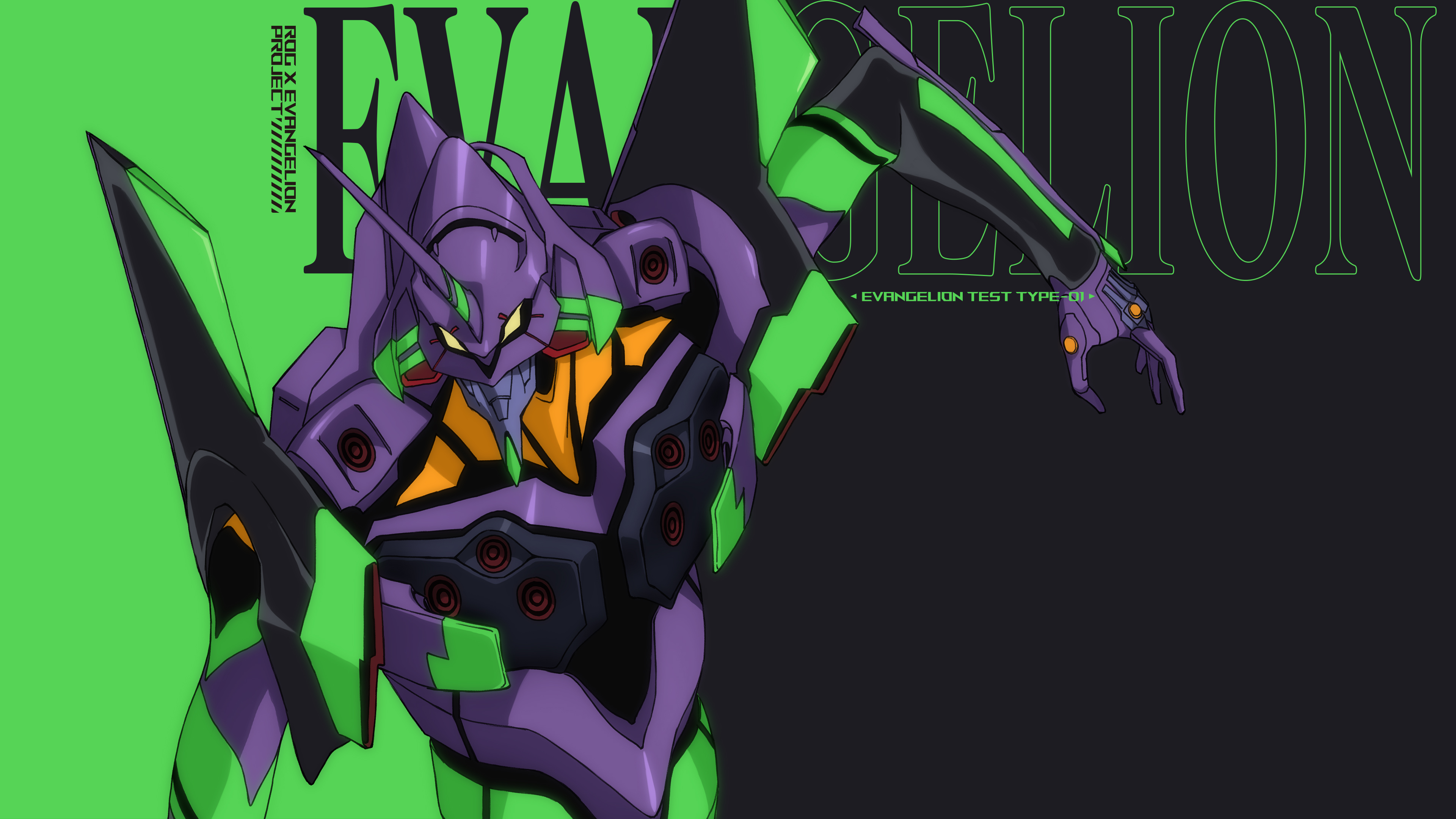 Evangelion Unit-01 from Neon Genesis Evangelion reimagined with ASUS ROG gaming aesthetics, featuring neon purple and green lighting and cybernetic armor.