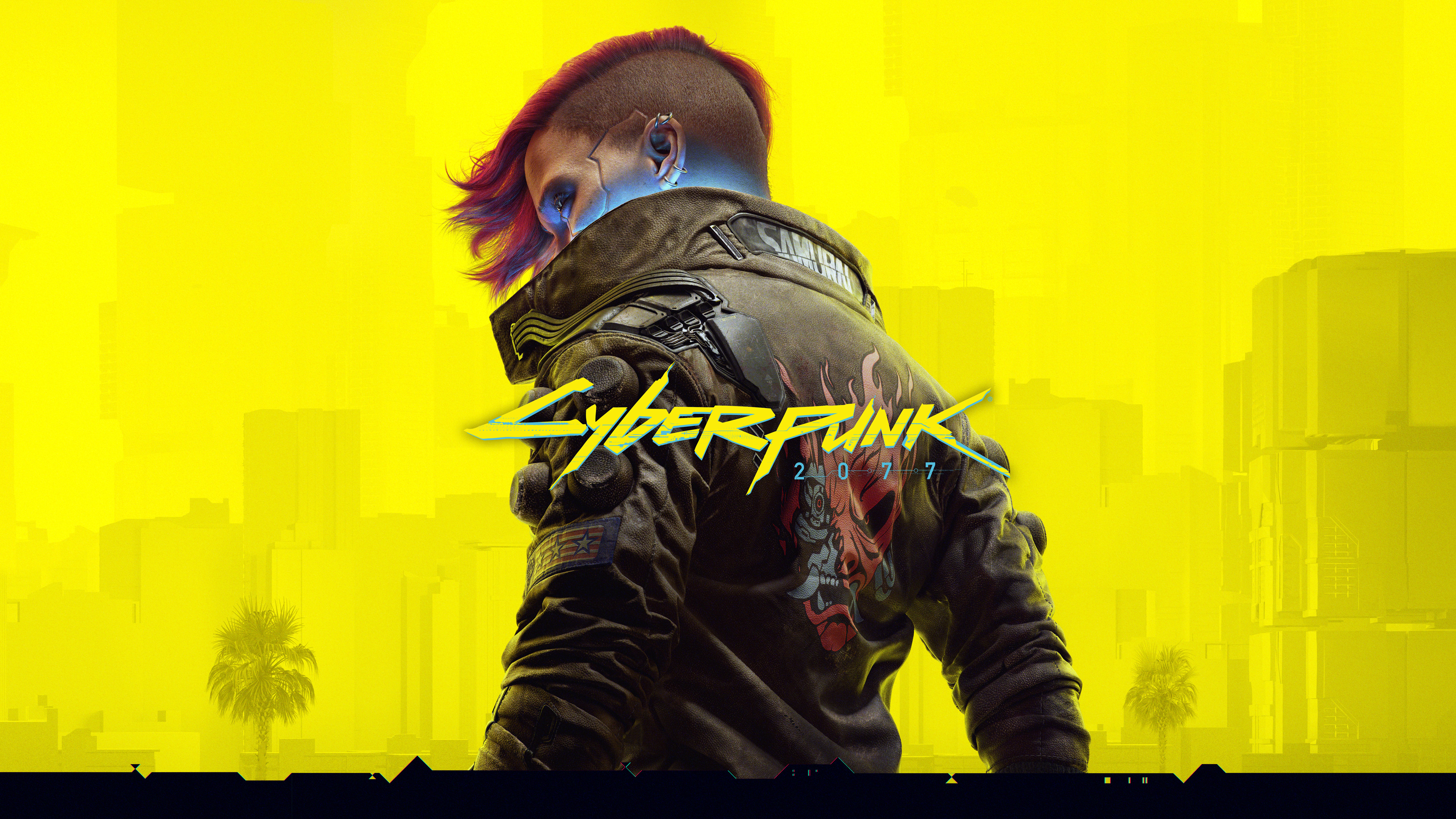 Female V from Cyberpunk 2077 standing against a bright yellow background in a stylized cover art aesthetic.