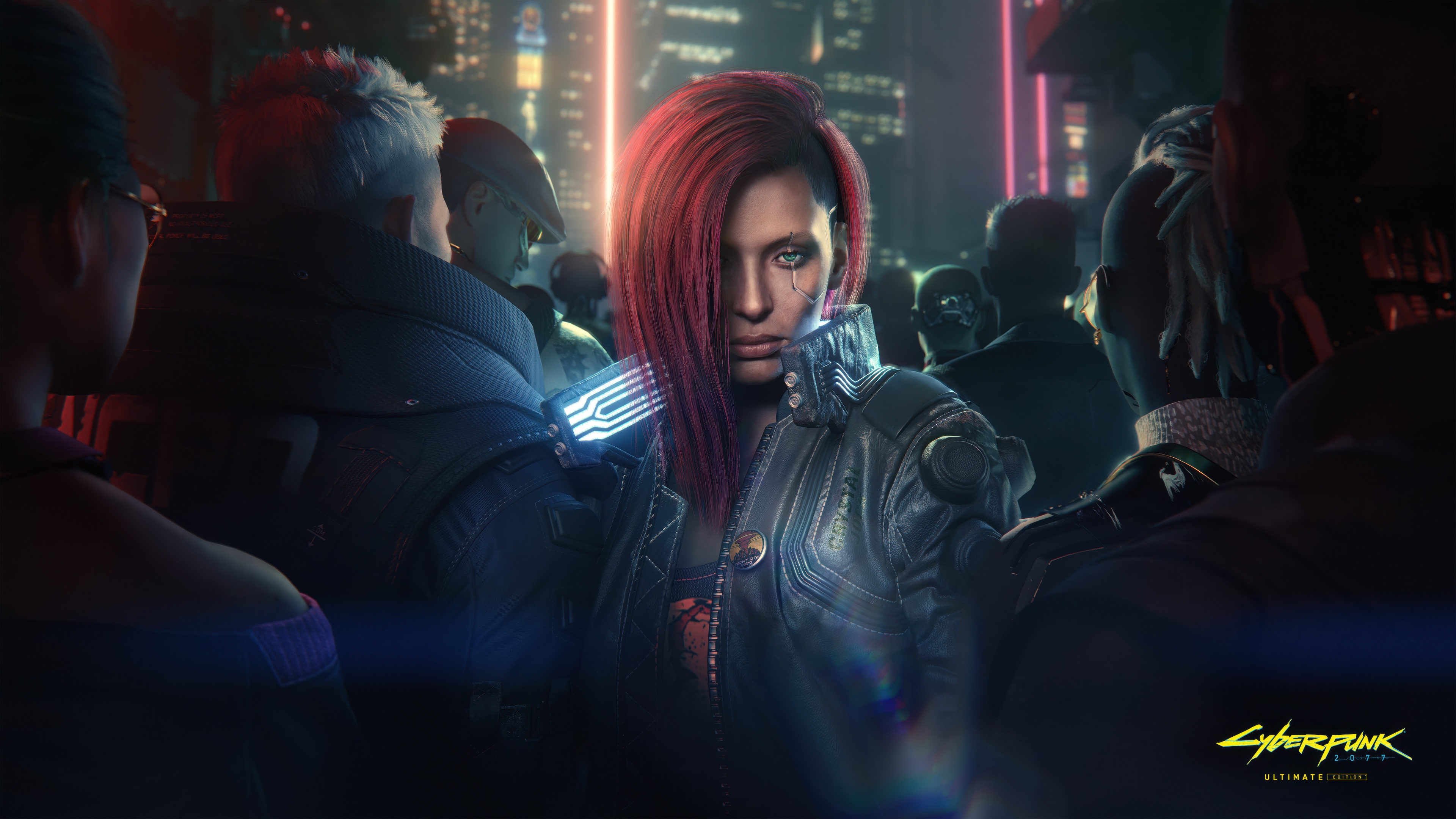 A cinematic portrait of Female V from Cyberpunk 2077, featuring neon lighting and cybernetic details.
