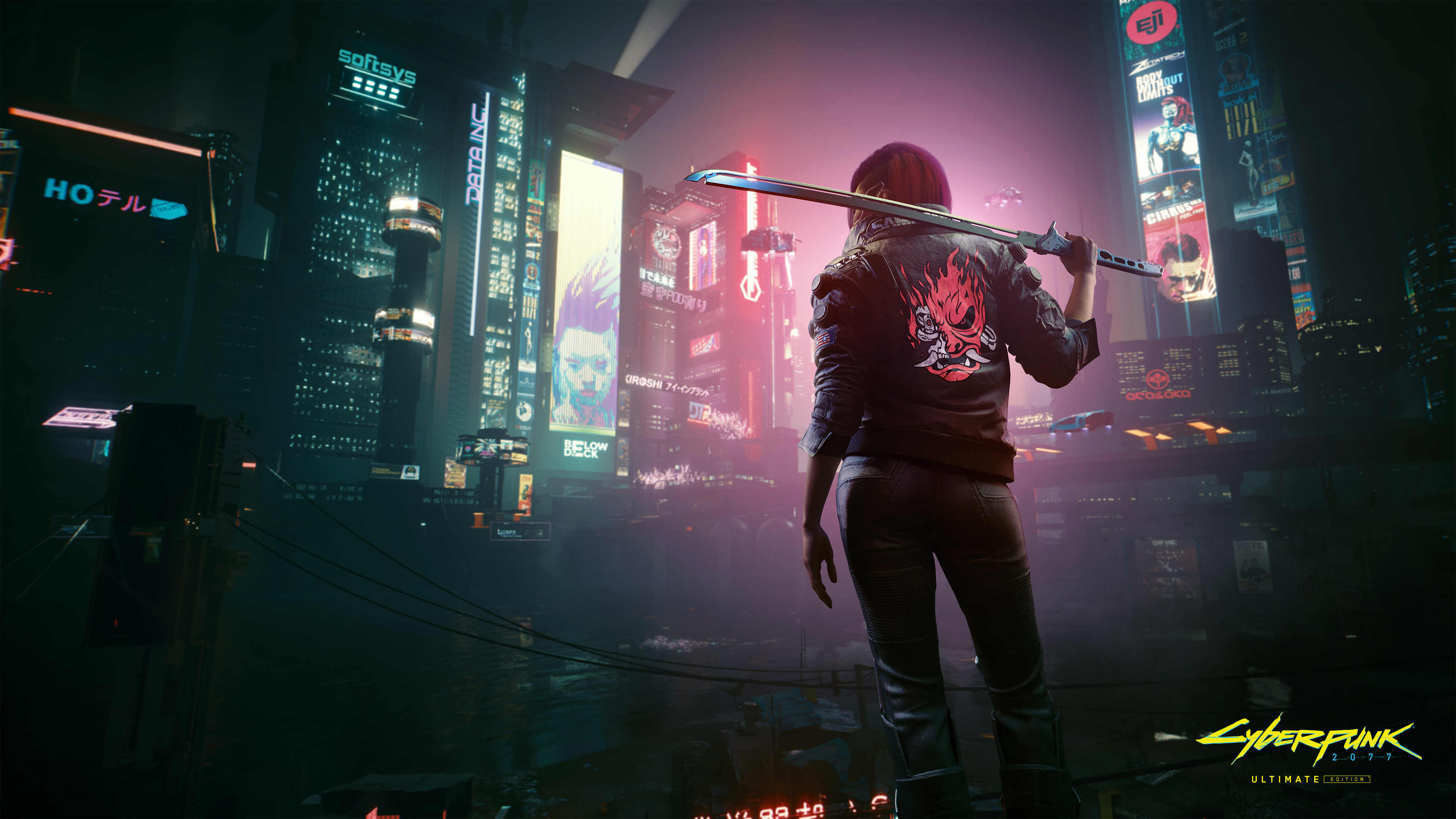 Female V from Cyberpunk 2077 holding a katana and wearing a samurai jacket.