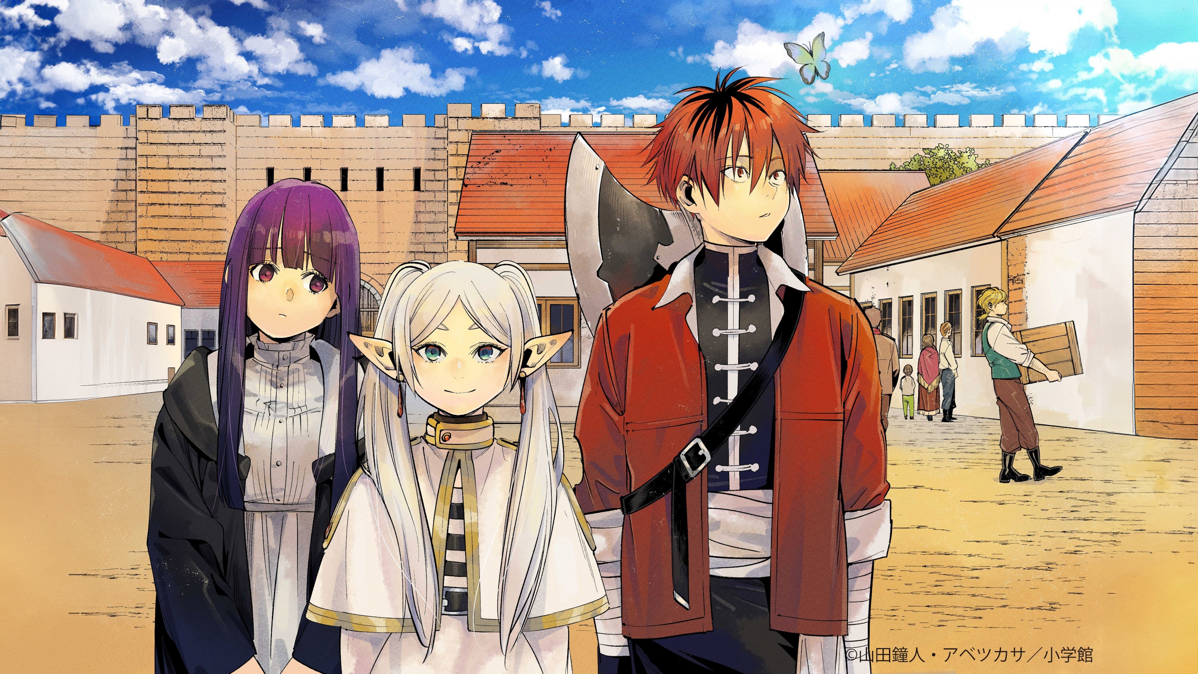 Detailed character art of Fern and Stark from the anime Frieren: Beyond Journey's End.