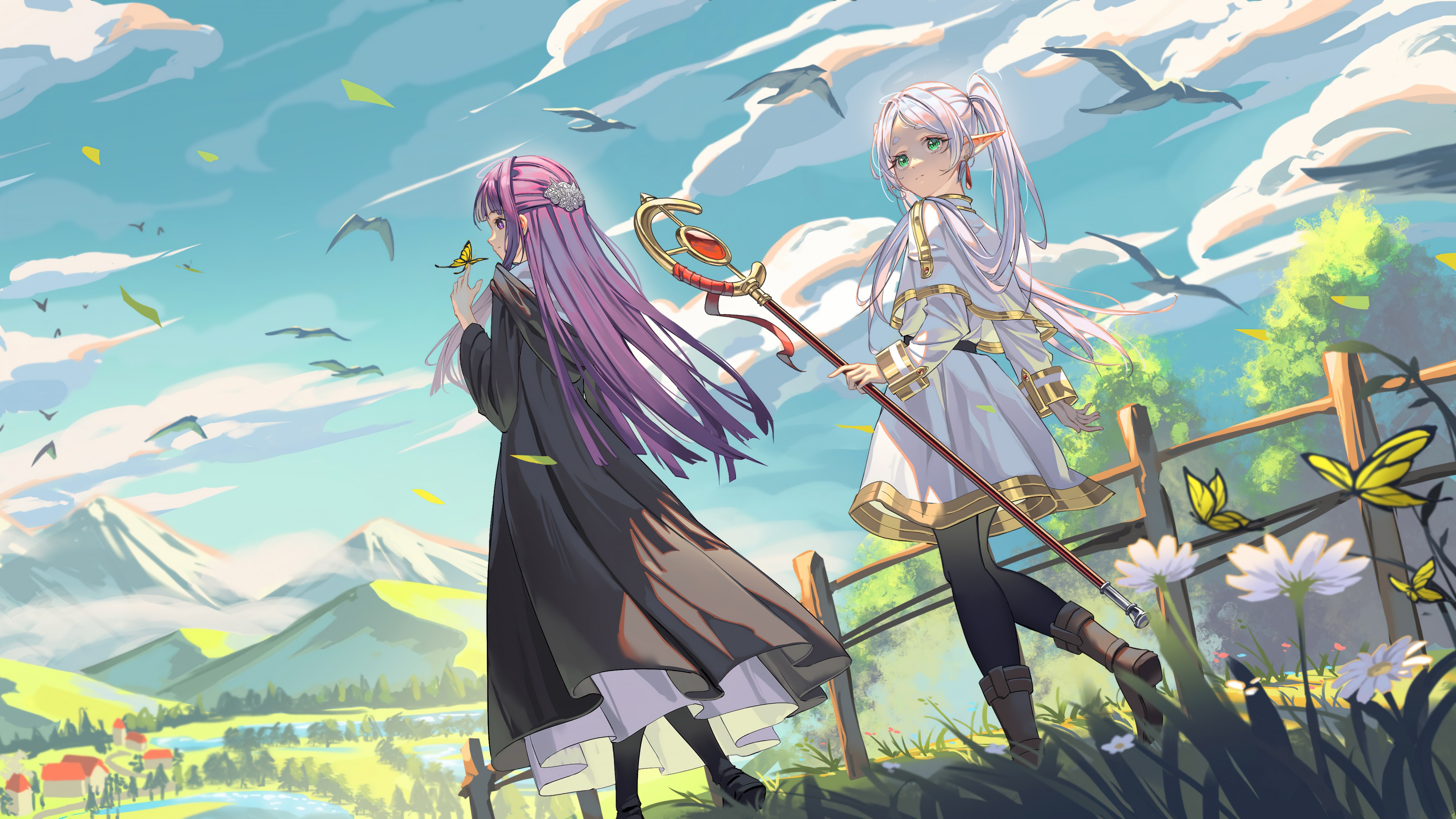 A highly detailed anime-style portrait of Fern from Frieren: Beyond Journey's End, featuring her characteristic purple hair and calm demeanor.