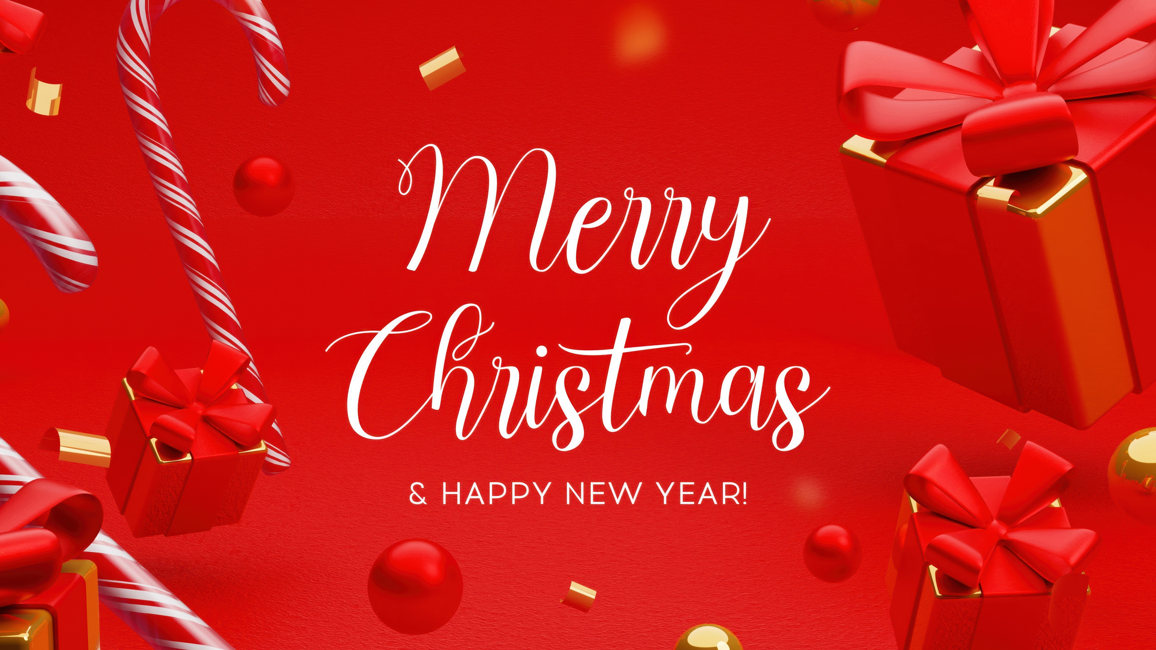 A collection of festive Christmas gift boxes in red and gold tones set against a deep red background.