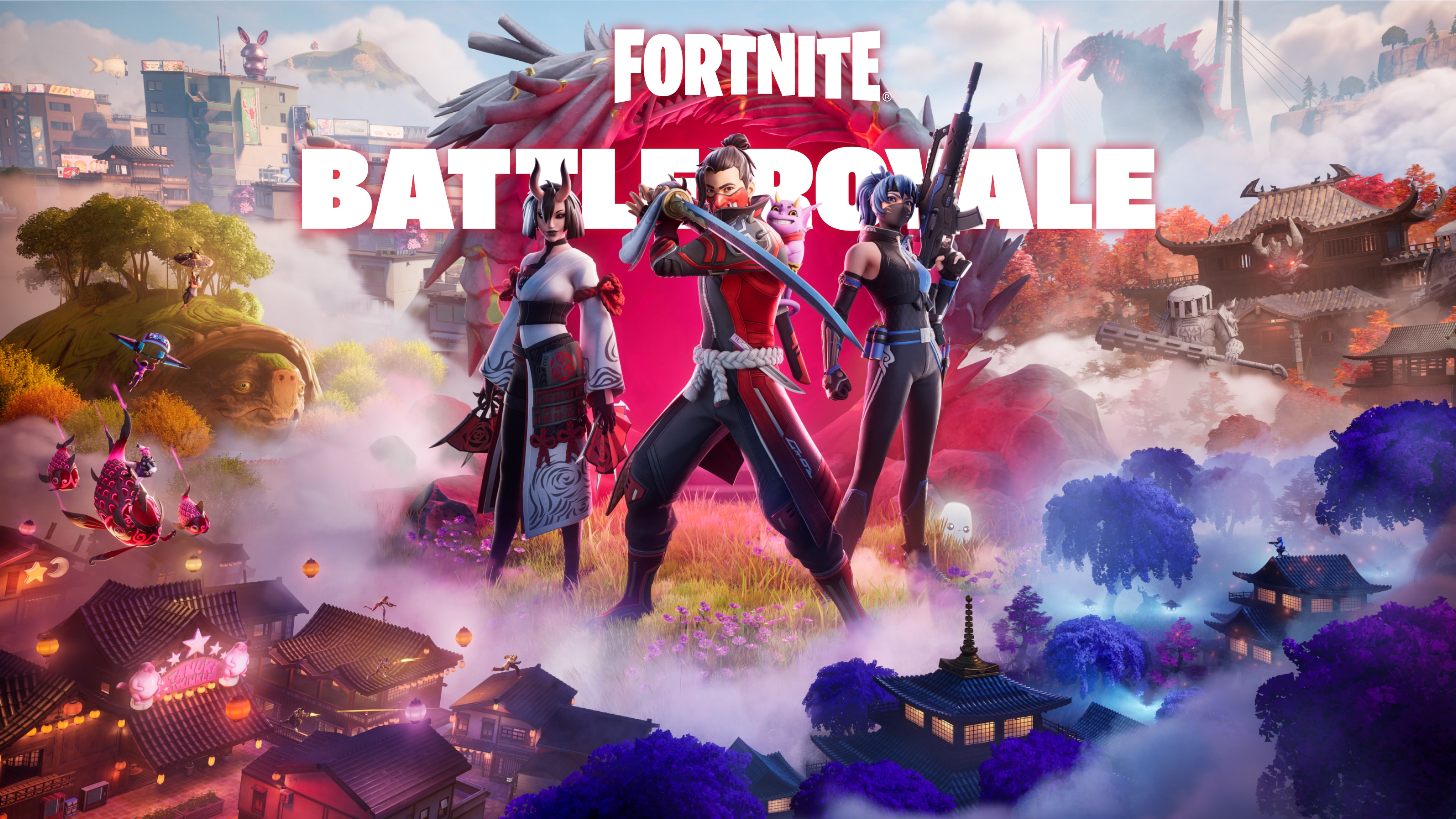 A stylized character from Fortnite Battle Royale standing in a vibrant, action-packed video game landscape.