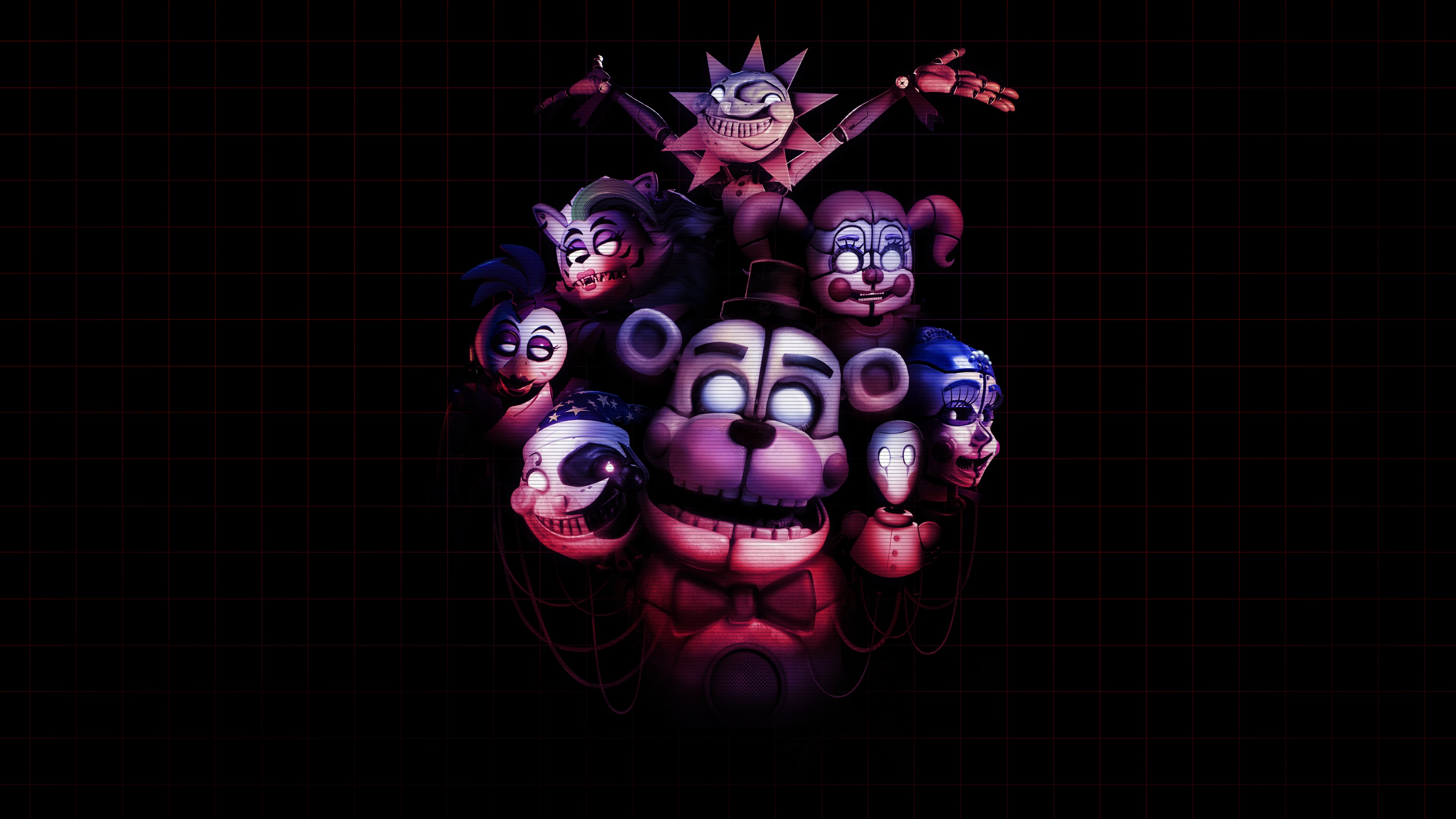 Dark aesthetic image of Freddy, Bonnie, and Chica animatronics from Five Nights at Freddy's.