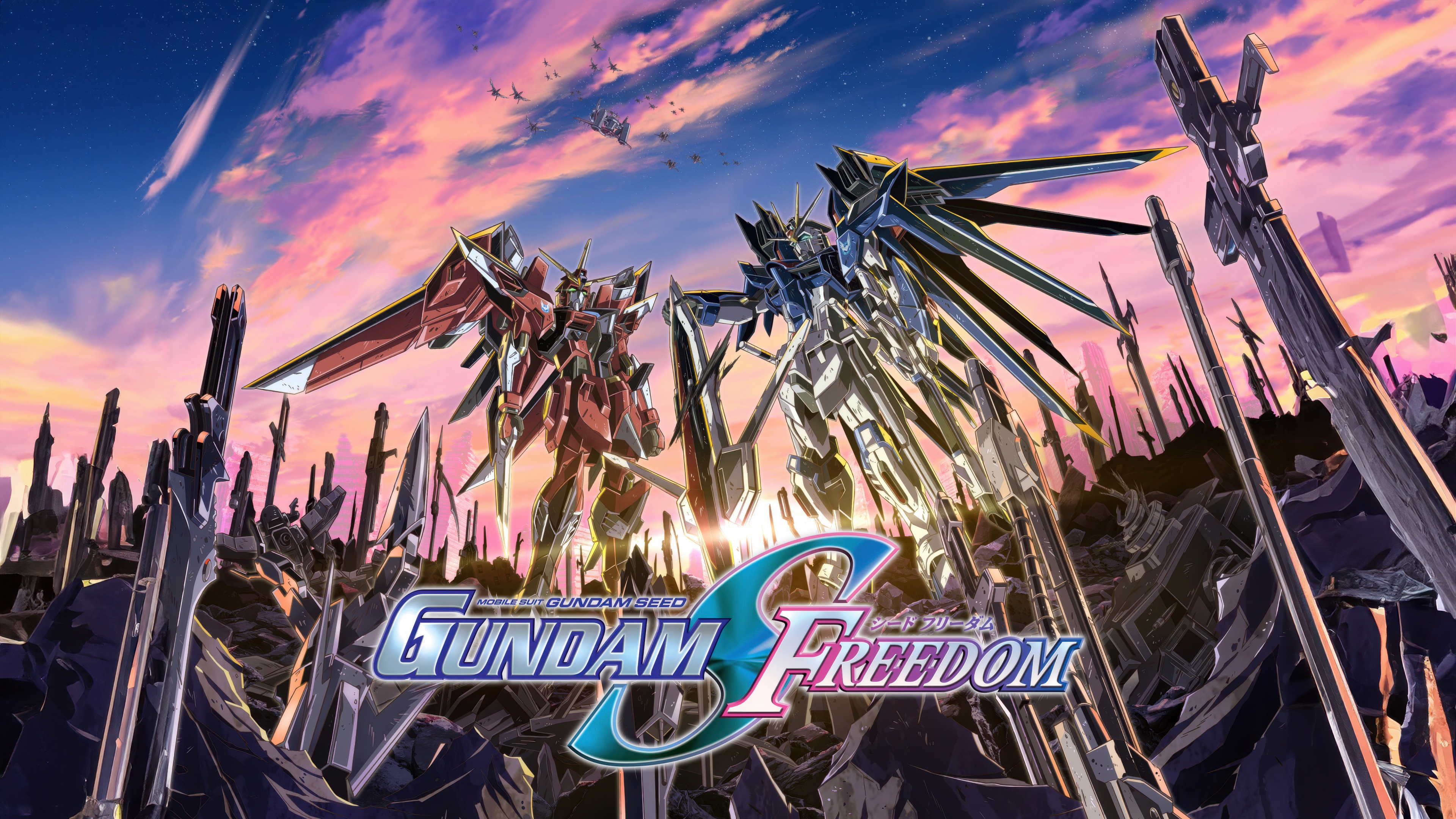 A high-resolution view of the ZGMF-X10A Freedom Gundam and ZGMF-X09A Justice Gundam from Mobile Suit Gundam SEED.