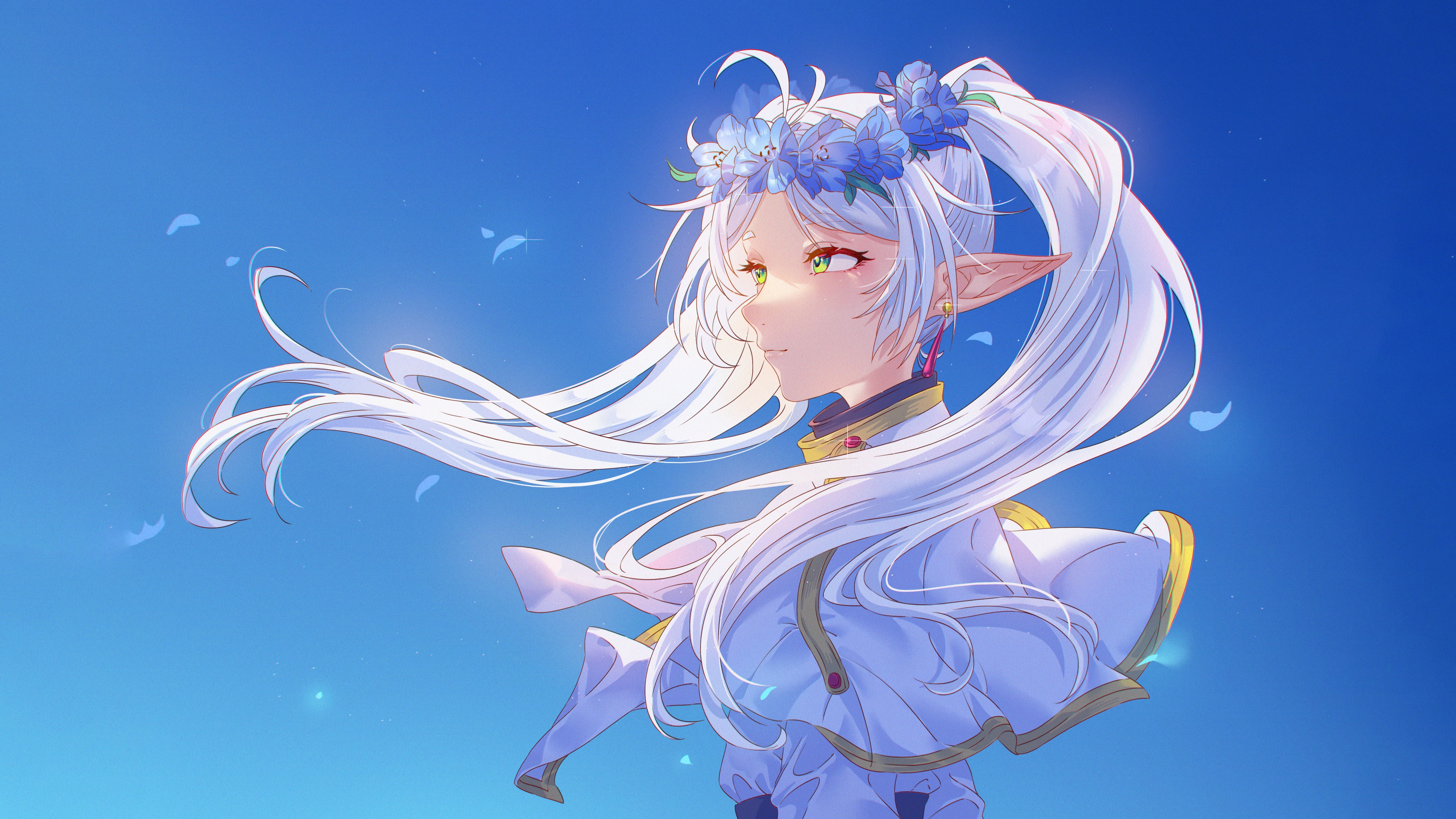 A high-detail anime portrait of Frieren from Frieren: Beyond Journey's End with a beautiful blue aesthetic background.