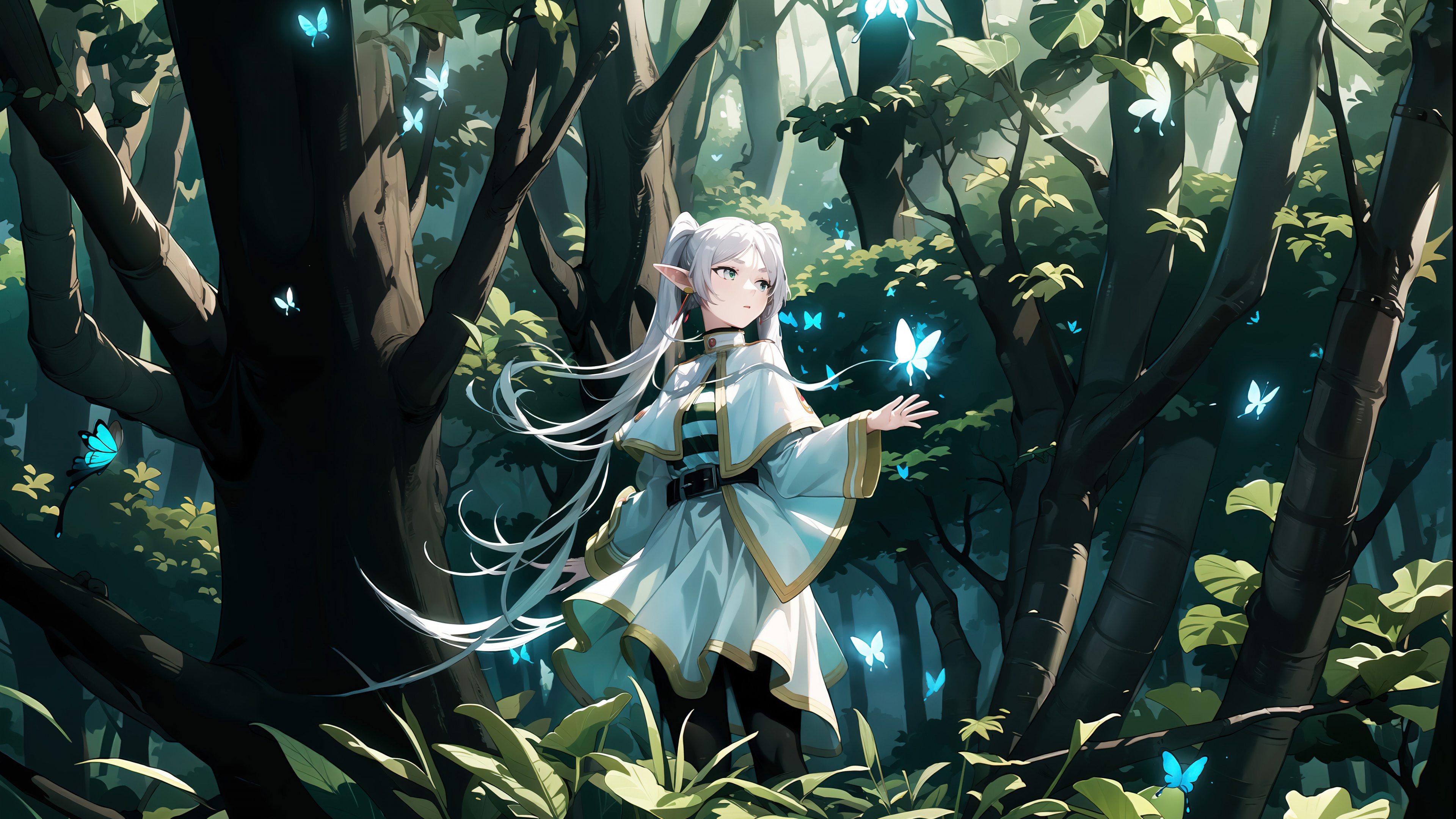 Frieren from Frieren: Beyond Journey's End standing amidst a lush, magical forest with glowing light filtering through the trees.