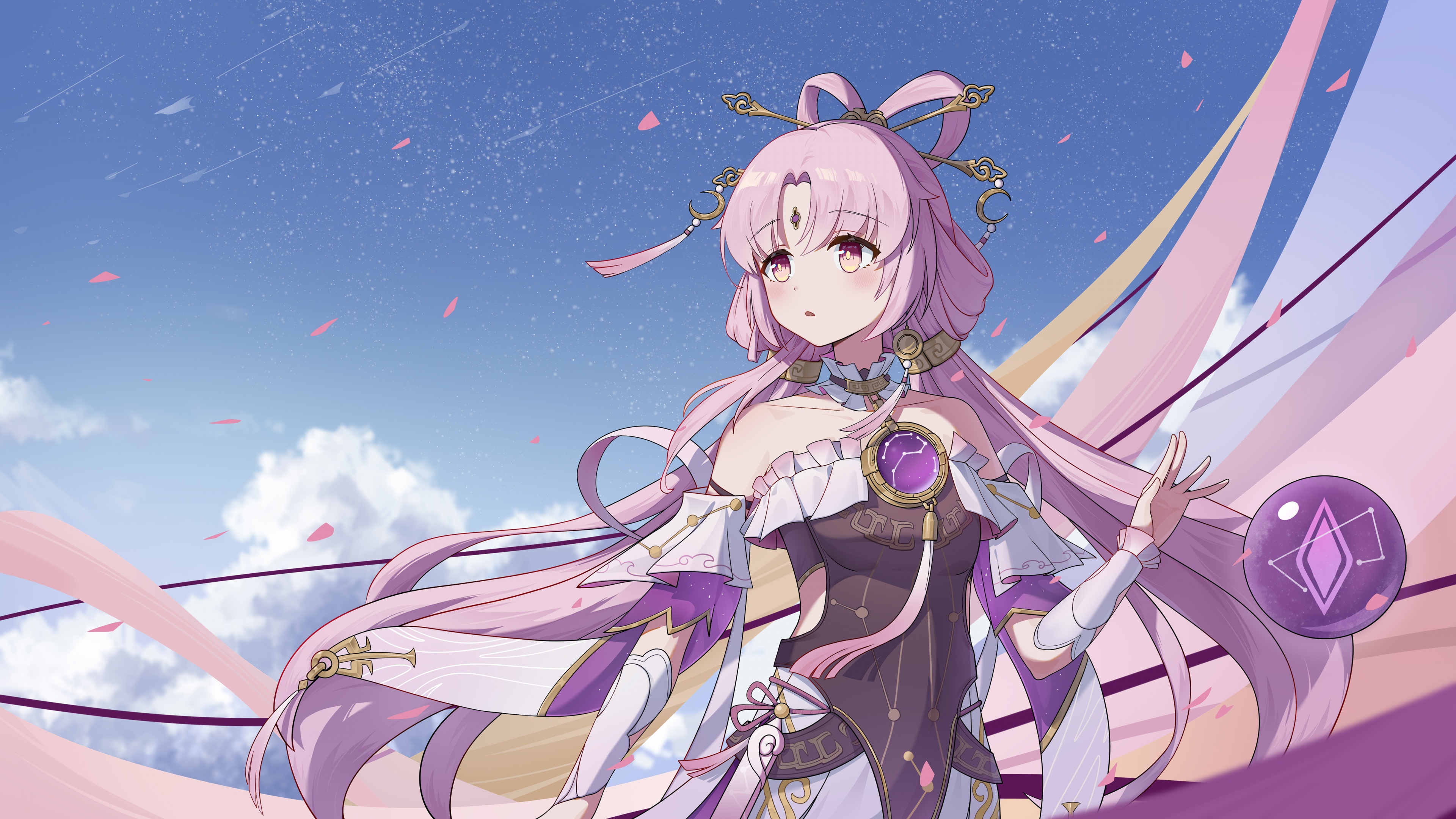 An anime-style portrait of Fu Xuan from Honkai: Star Rail featuring a vibrant purple aesthetic.