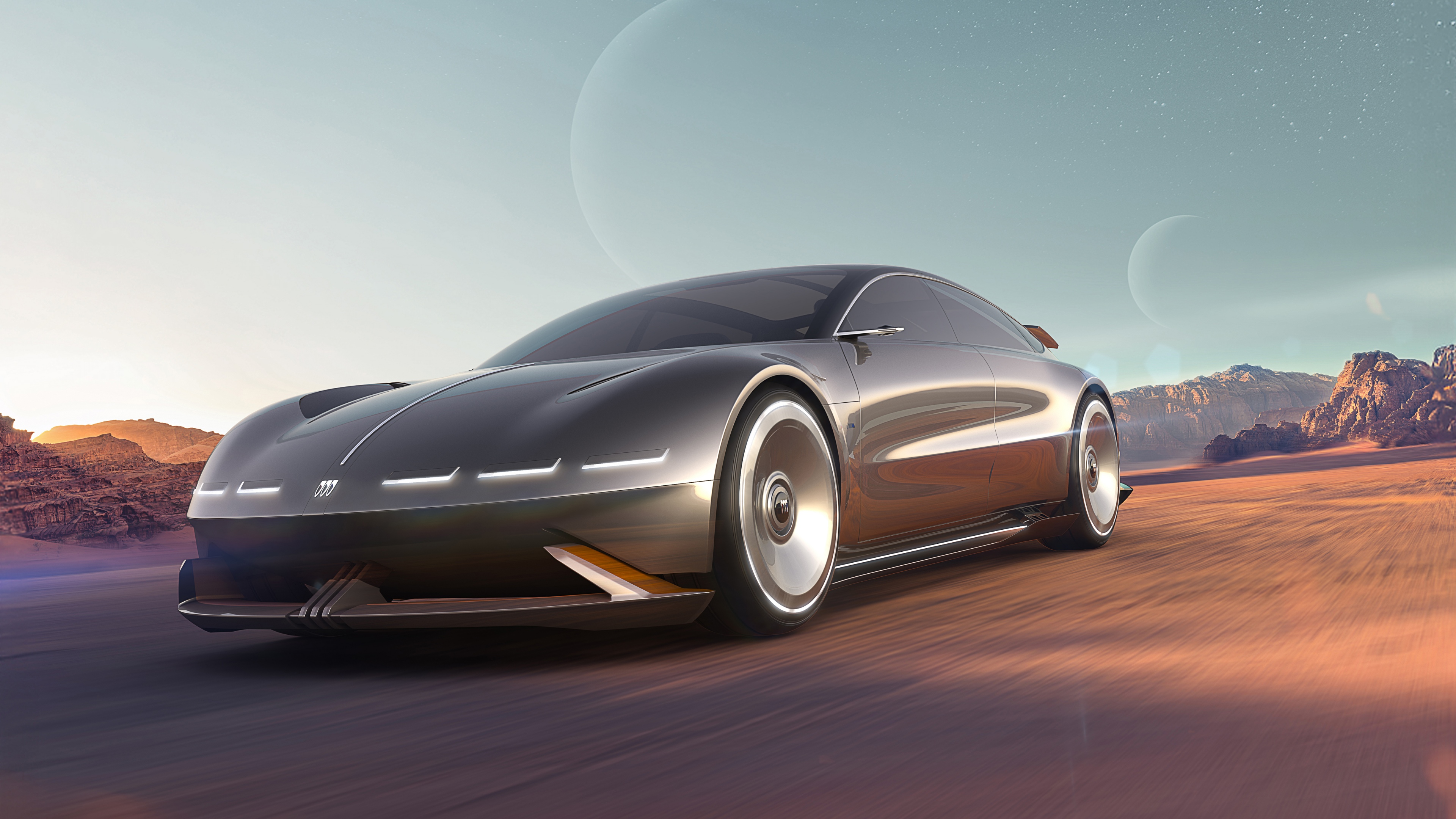 A sleek, aerodynamic electric concept car from 2025 featuring futuristic LED lighting and metallic bodywork.