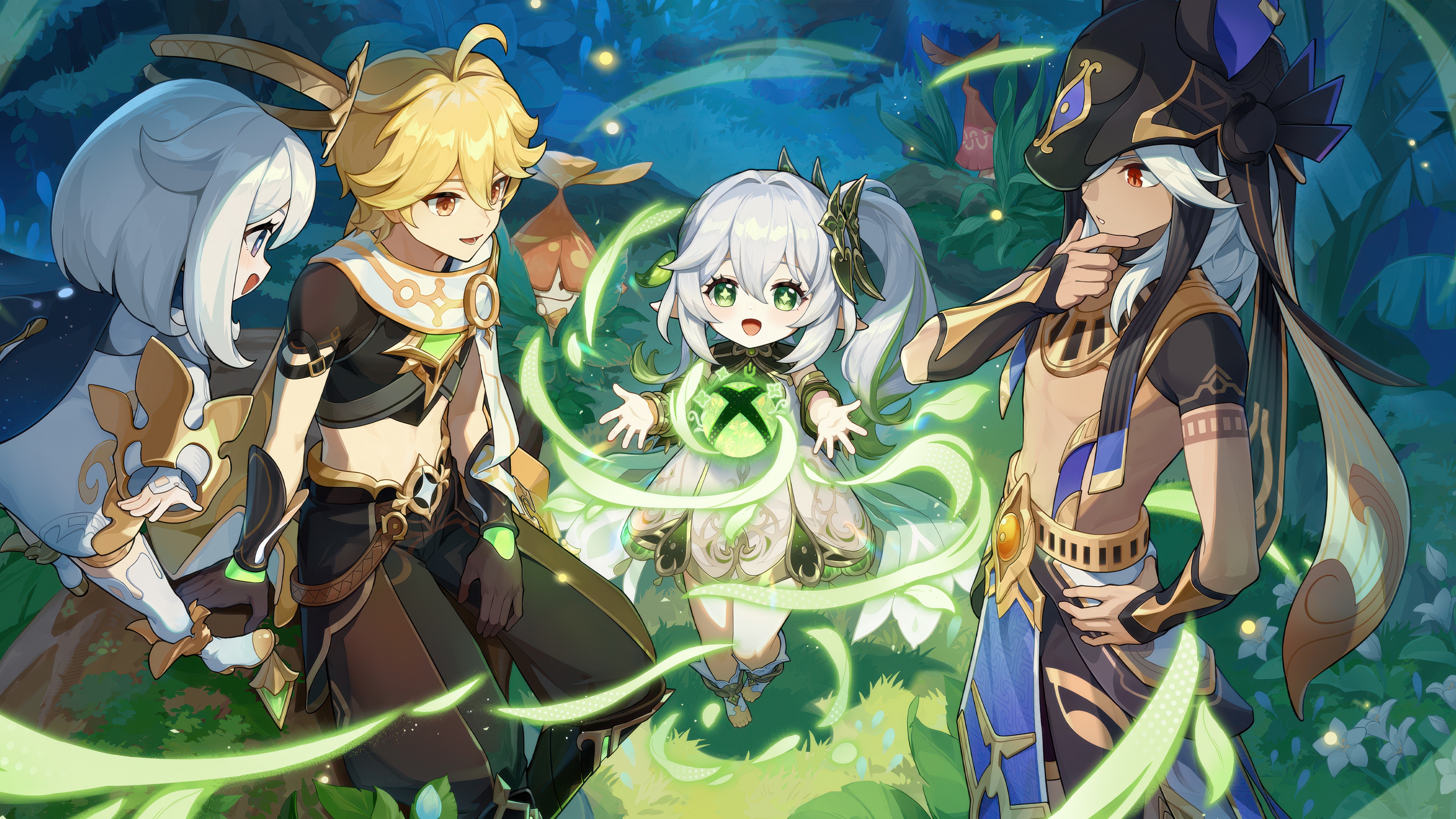 Featuring Paimon, Aether, and Nahida from Genshin Impact with the Xbox logo and Xbox Series X console.